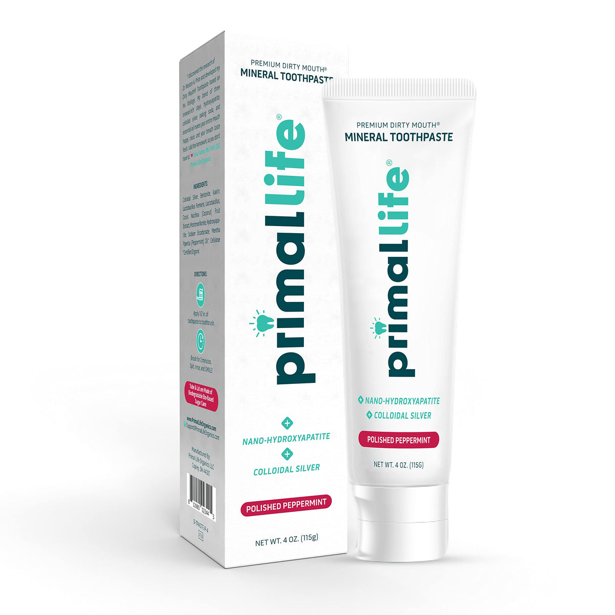 Pasta dental Primal Life Organics con nano-hidroxiapatita para remineralización dental suave