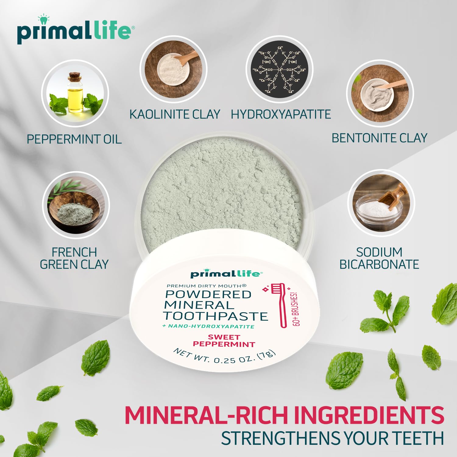 Primal Life Organics Polvo dental arcilla bentonita favorece limpieza suave