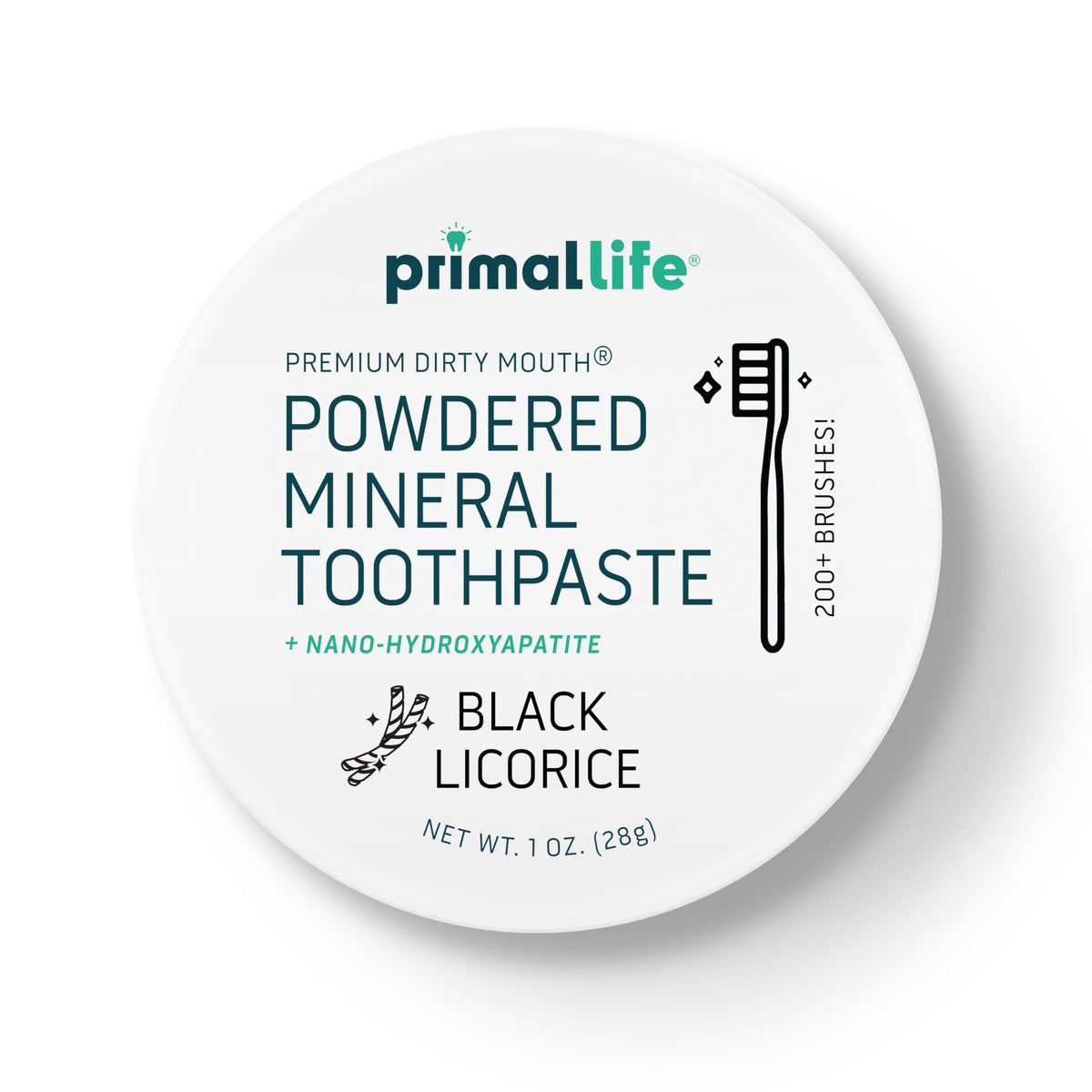 Primal Life Organics polvo dental sabor anis negro en frasco para frescura prolongada