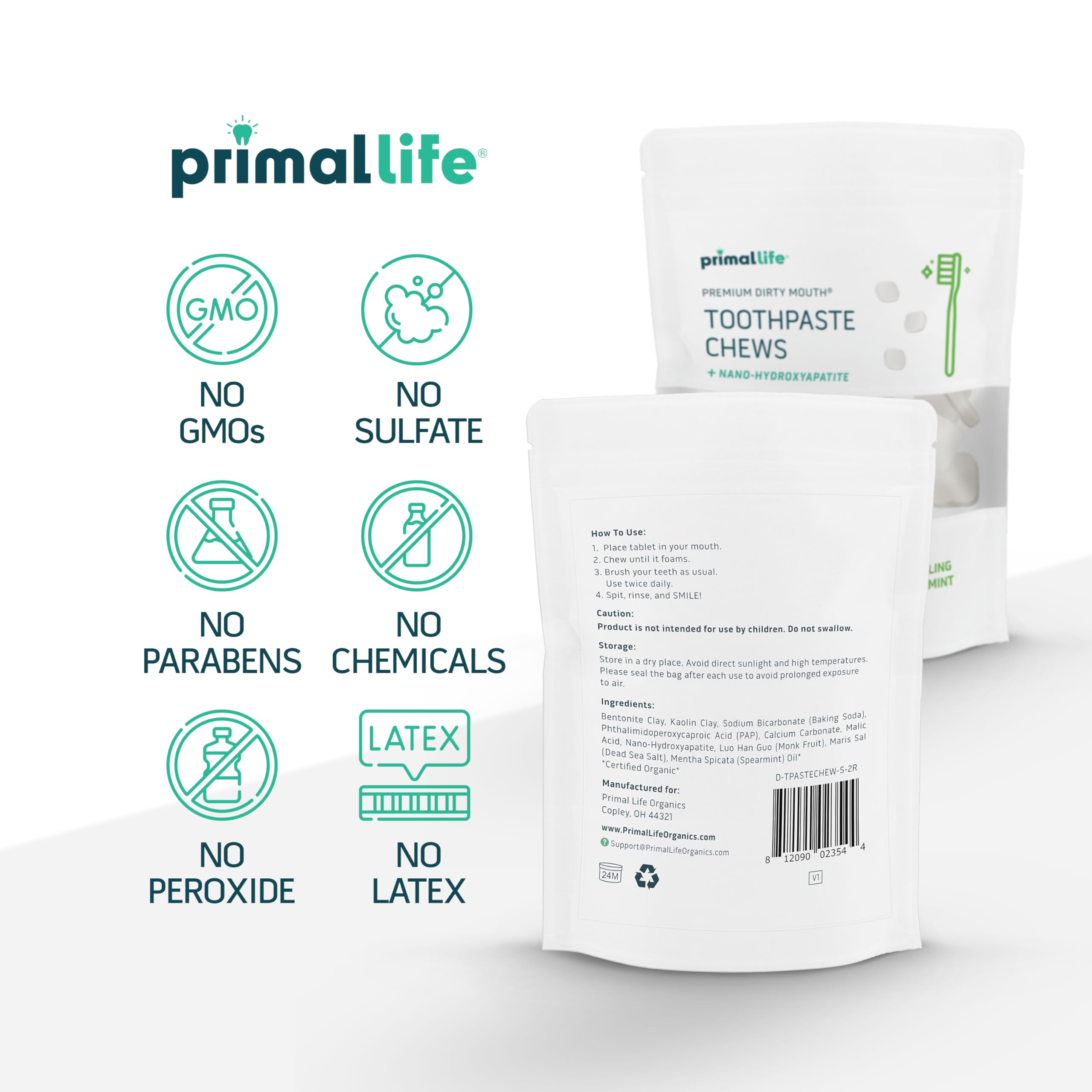 Tableta con bicarbonato de Primal Life Organics refrescando el aliento.