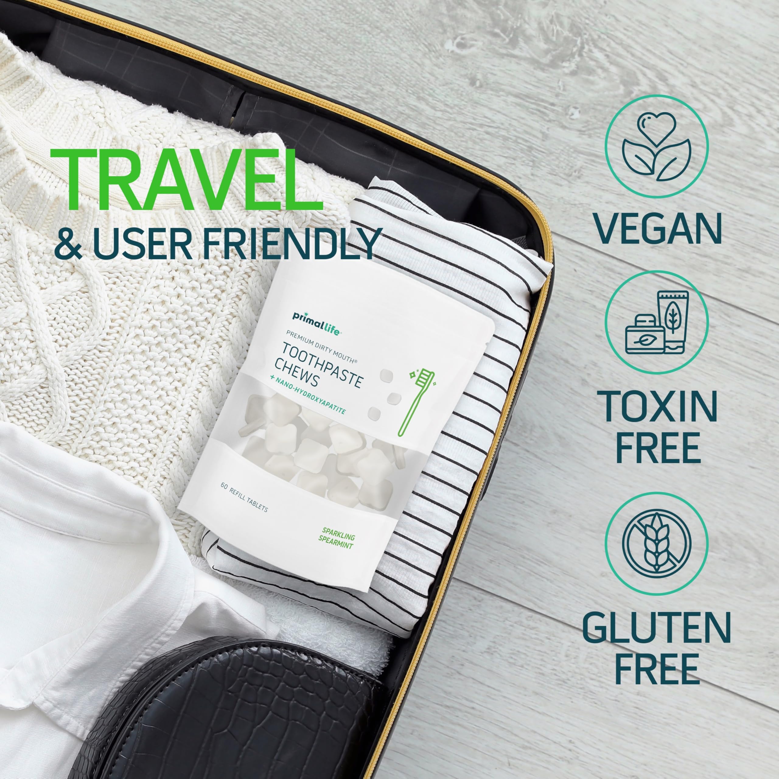 Etiqueta de Primal Life Organics con ingredientes naturales para cuidado dental.