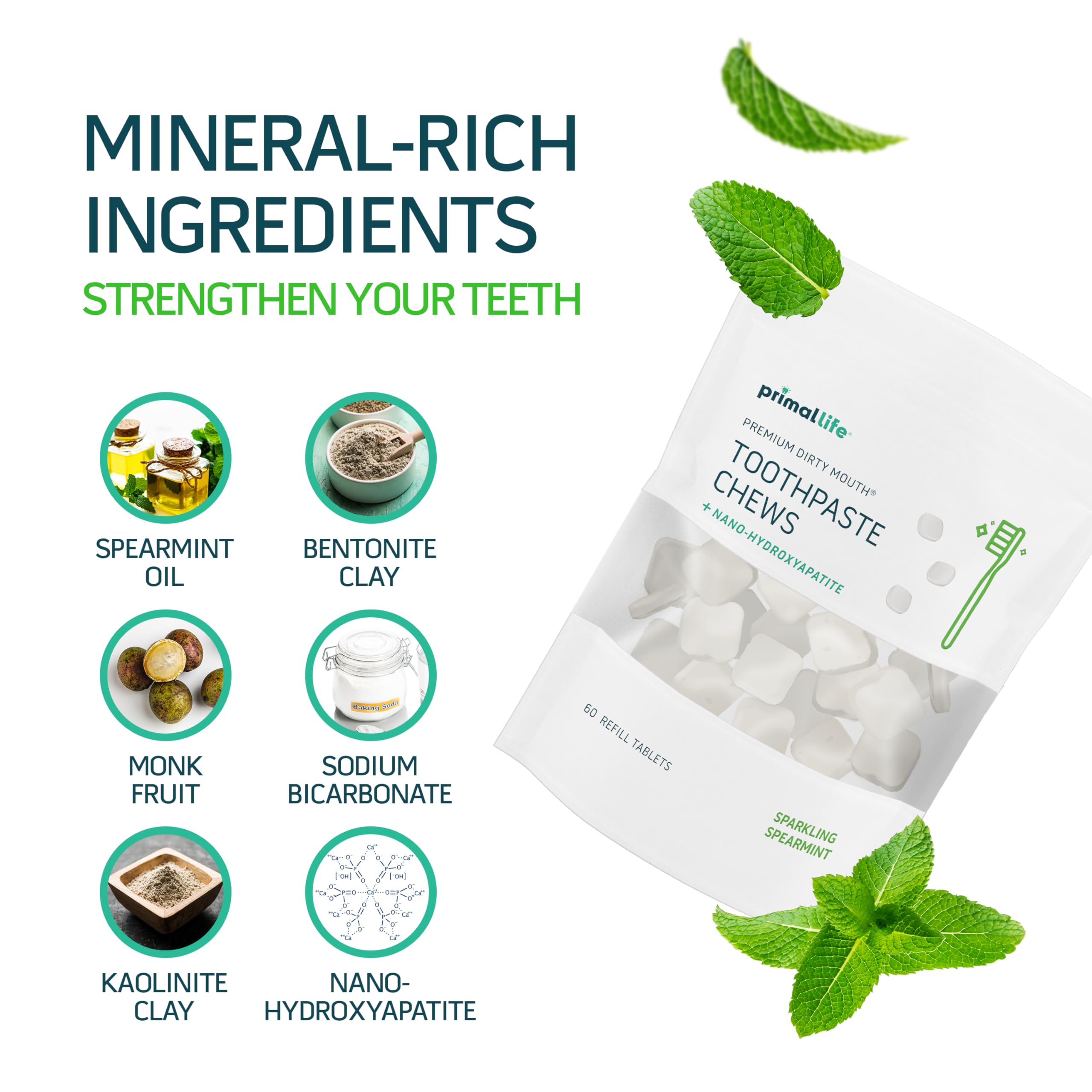 Tabletas Primal Life Organics con sabor Menta Pulida para aliento fresco.