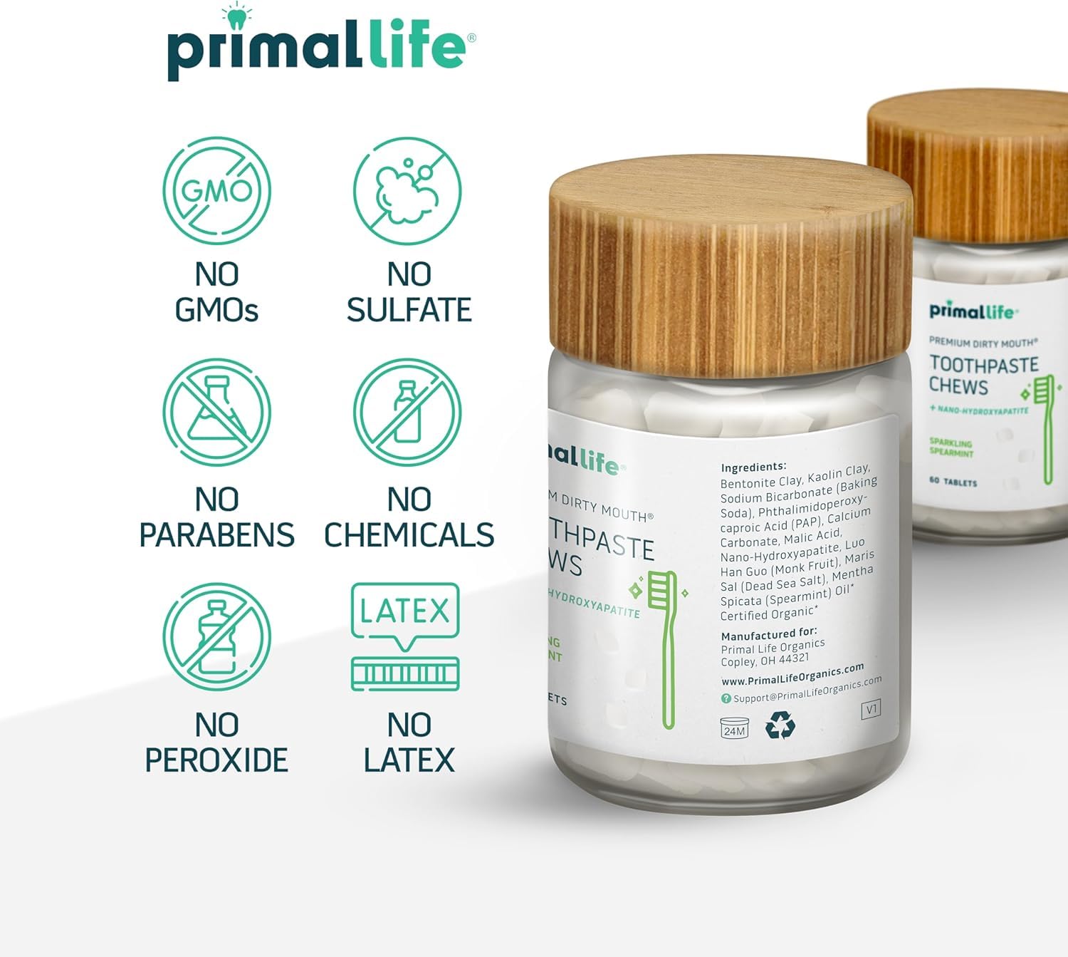 Ingredientes naturales en tableta Primal Life Organics para cuidado bucal