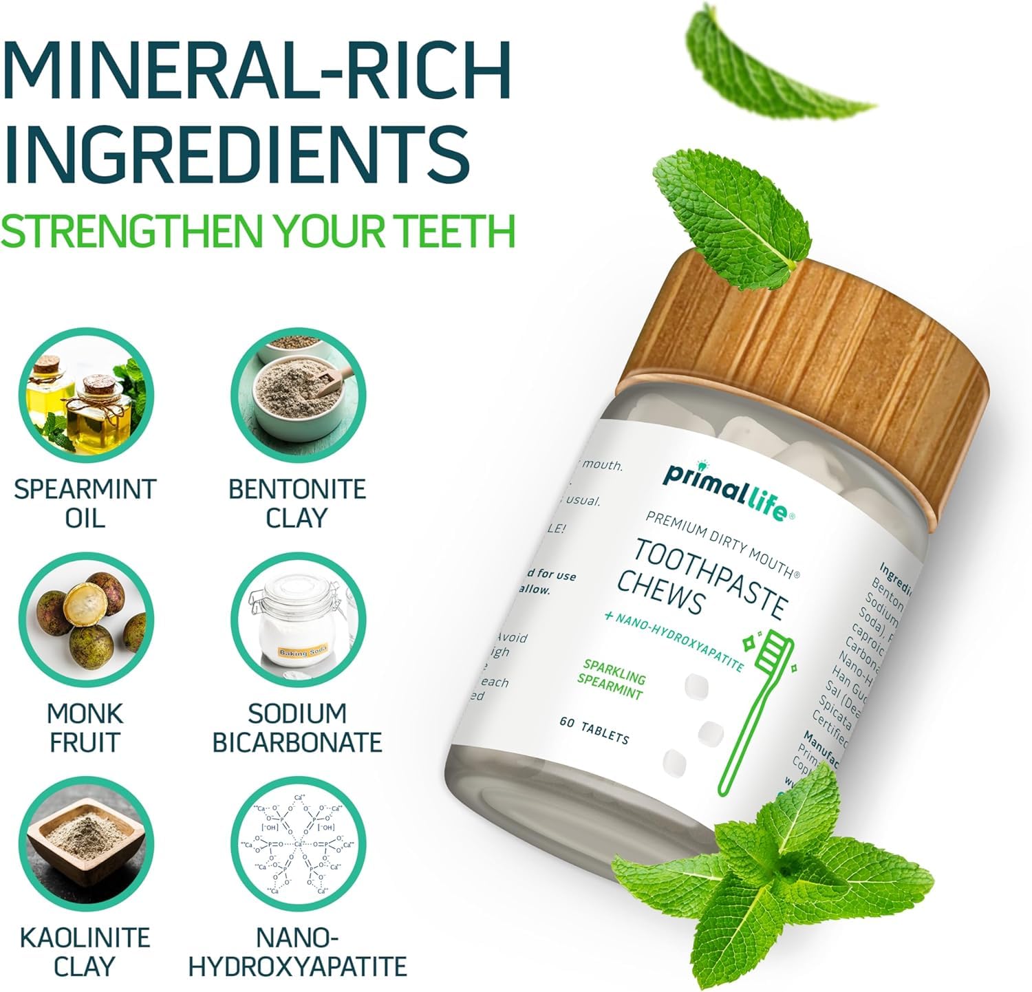 Nano-hidroxiapatita en Tabletas Primal Life Organics para remineralización suave