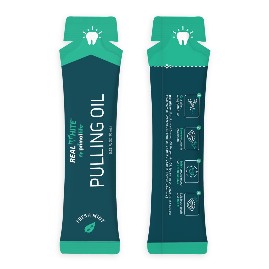Primal Life Organics Real White Pulling Oil con vitaminas clave para salud bucal.