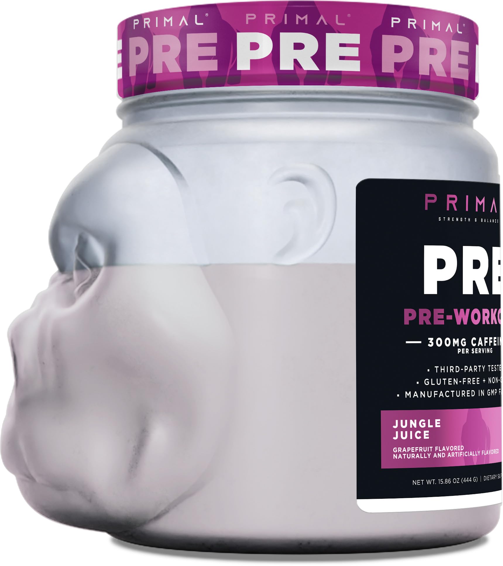 Primal Pre-entrenamiento ofrece cafeína 300 mg para potencia en entrenamientos.