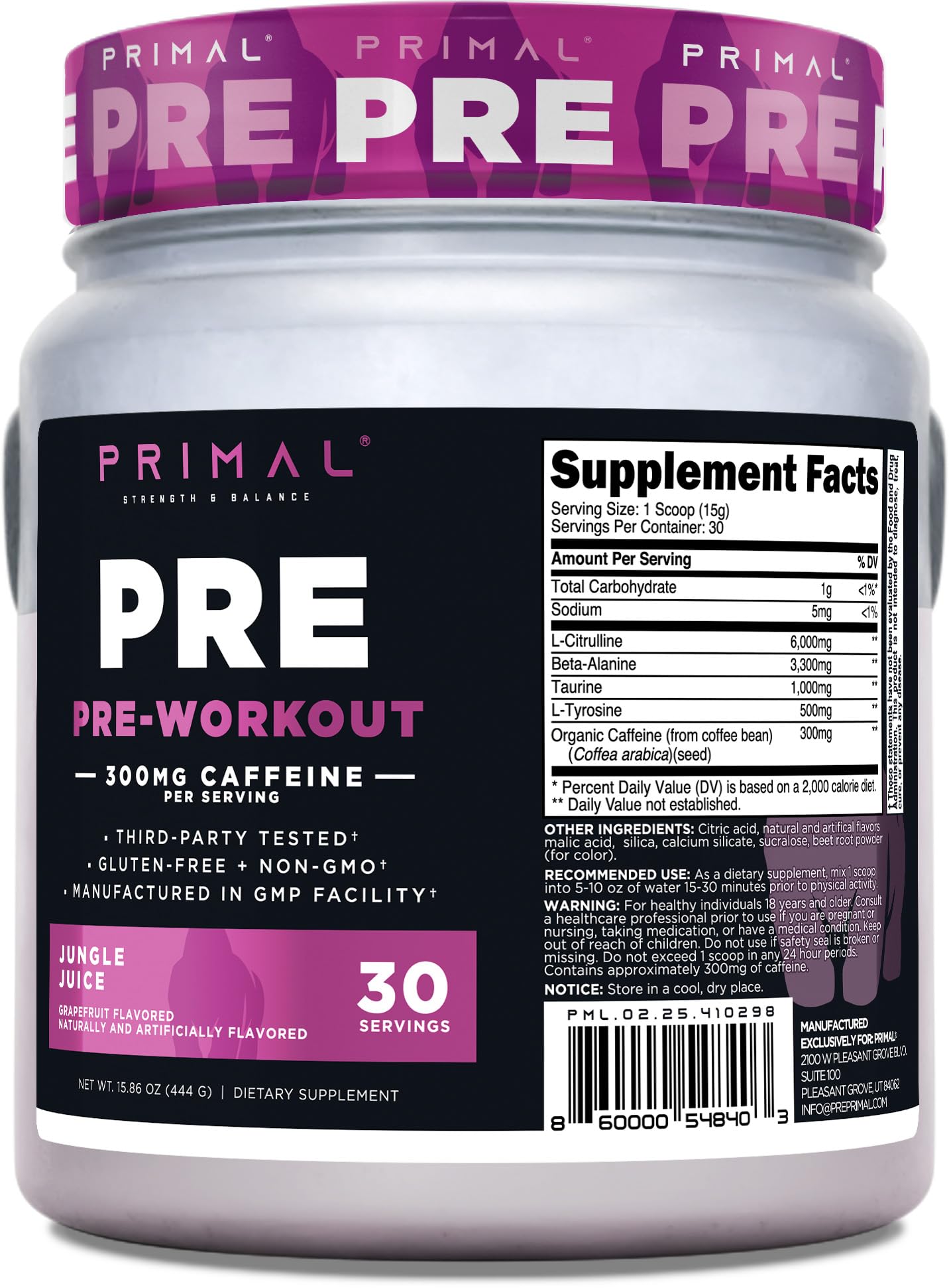 Primal Pre-entrenamiento con sabor toronja en frasco para energía sostenida.