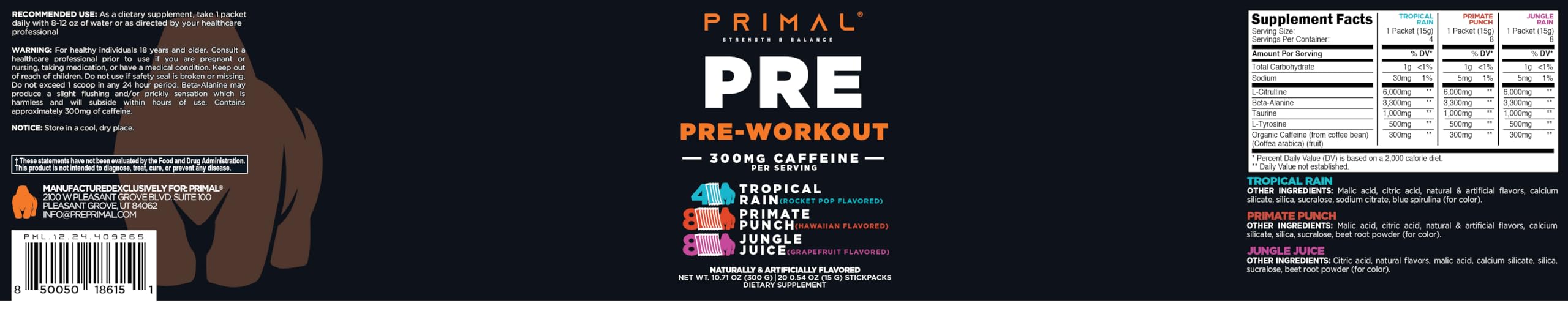 Primal PRE Fórmula con cafeína y aminoácidos para rendimiento.