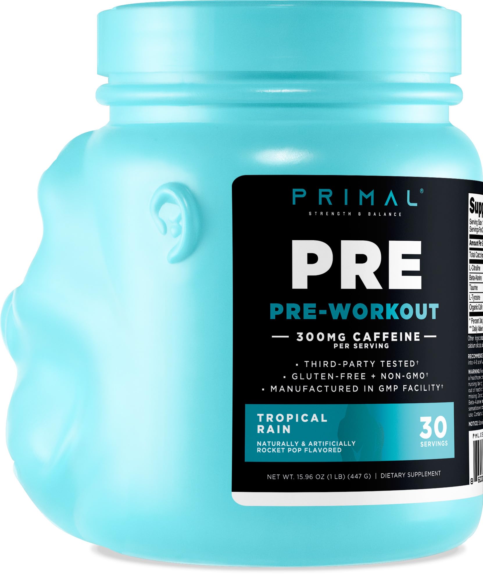 Primal Pre-Workout etiqueta frontal brillante identificando el sabor tropical.