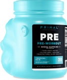 Primal Pre-Workout etiqueta frontal brillante identificando el sabor tropical.