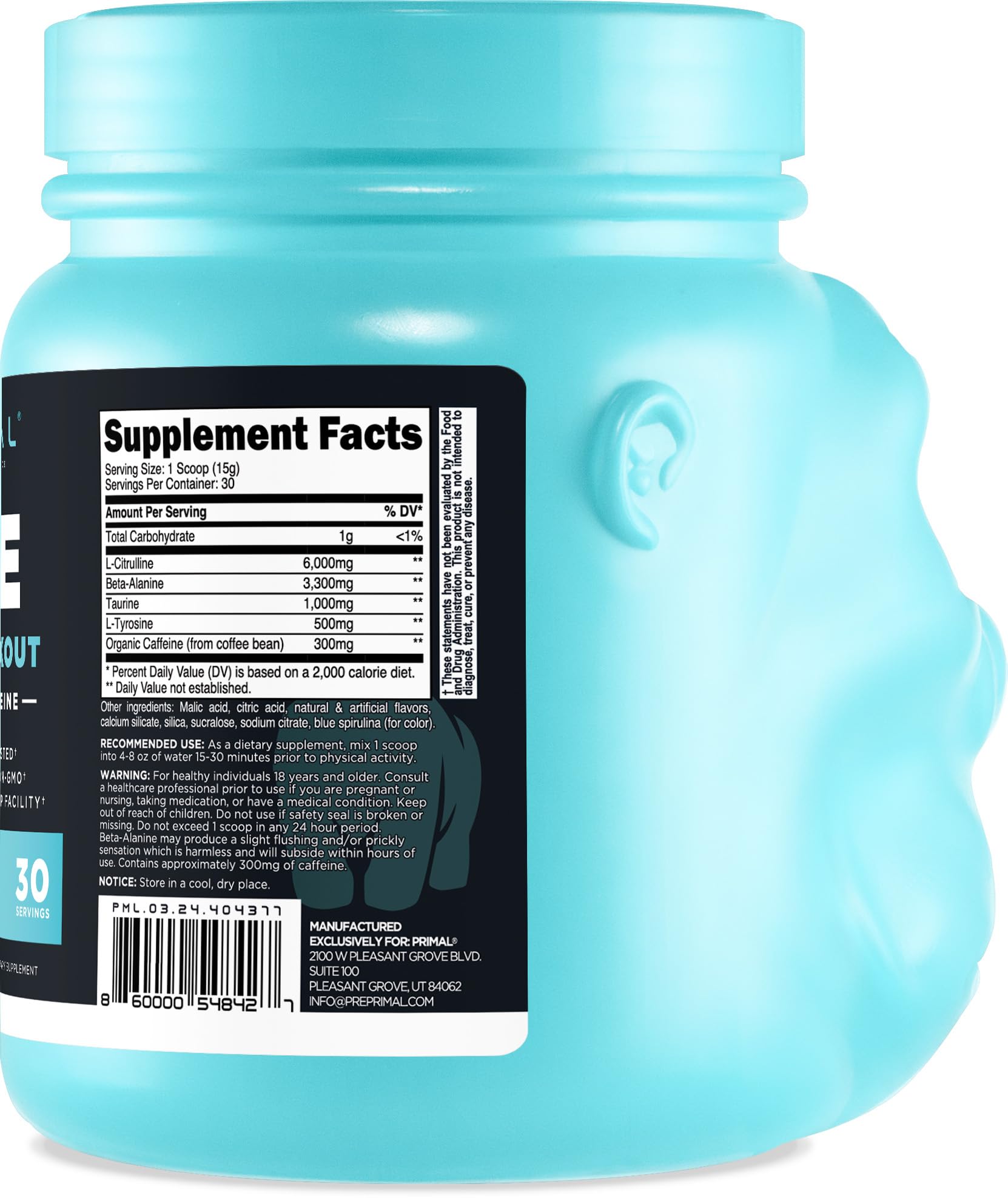 Primal Pre-Workout mezcla rápida en agua para beber fácil y sin grumos.