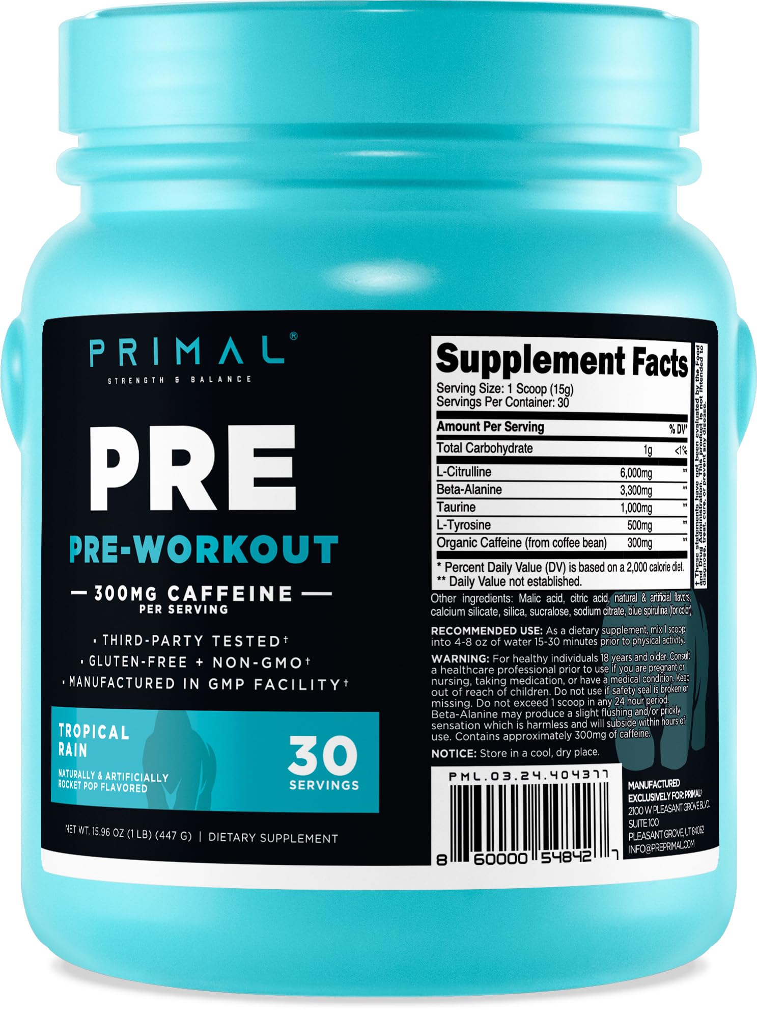 Primal Pre-Workout Tropical Rain Rocket Pop en lata, energía para entrenar.