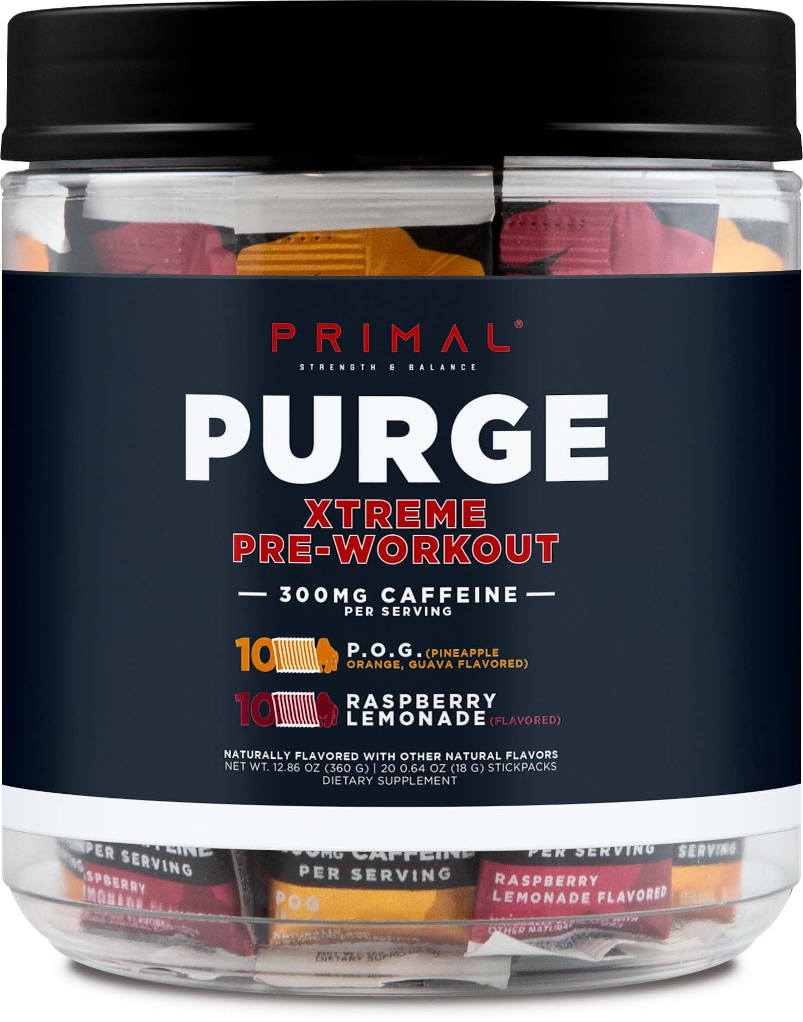 Primal Purge Xtreme stickpack piña-naranja-guayaba para energía rápida durante entrenamientos
