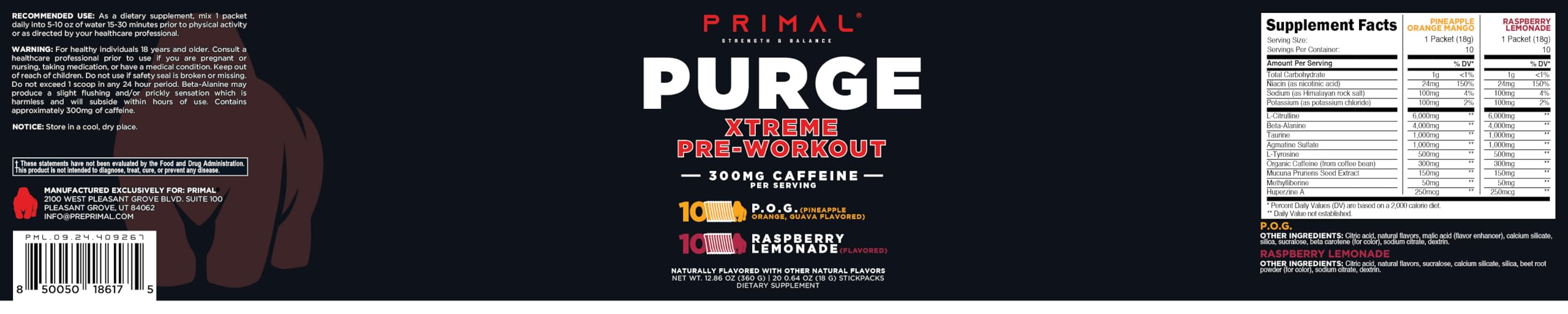 Primal Purge Xtreme presentación de dos sabores Piña Naranja Guayaba y Frambuesa Limón