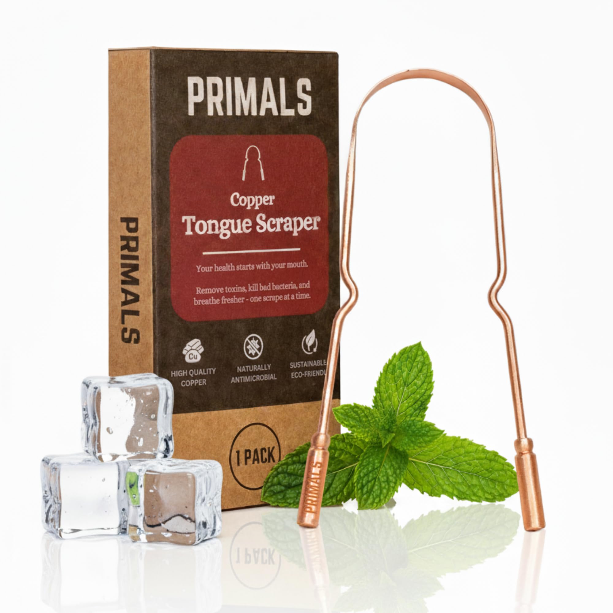 PRIMALS raspador de lengua cobre, diseño ergonómico para uso diario.
