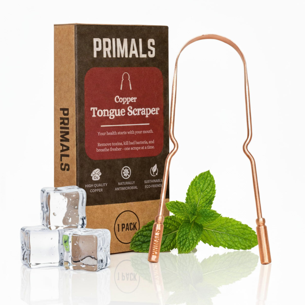 PRIMALS raspador de lengua cobre, diseño ergonómico para uso diario.