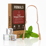 PRIMALS raspador de lengua cobre, diseño ergonómico para uso diario.