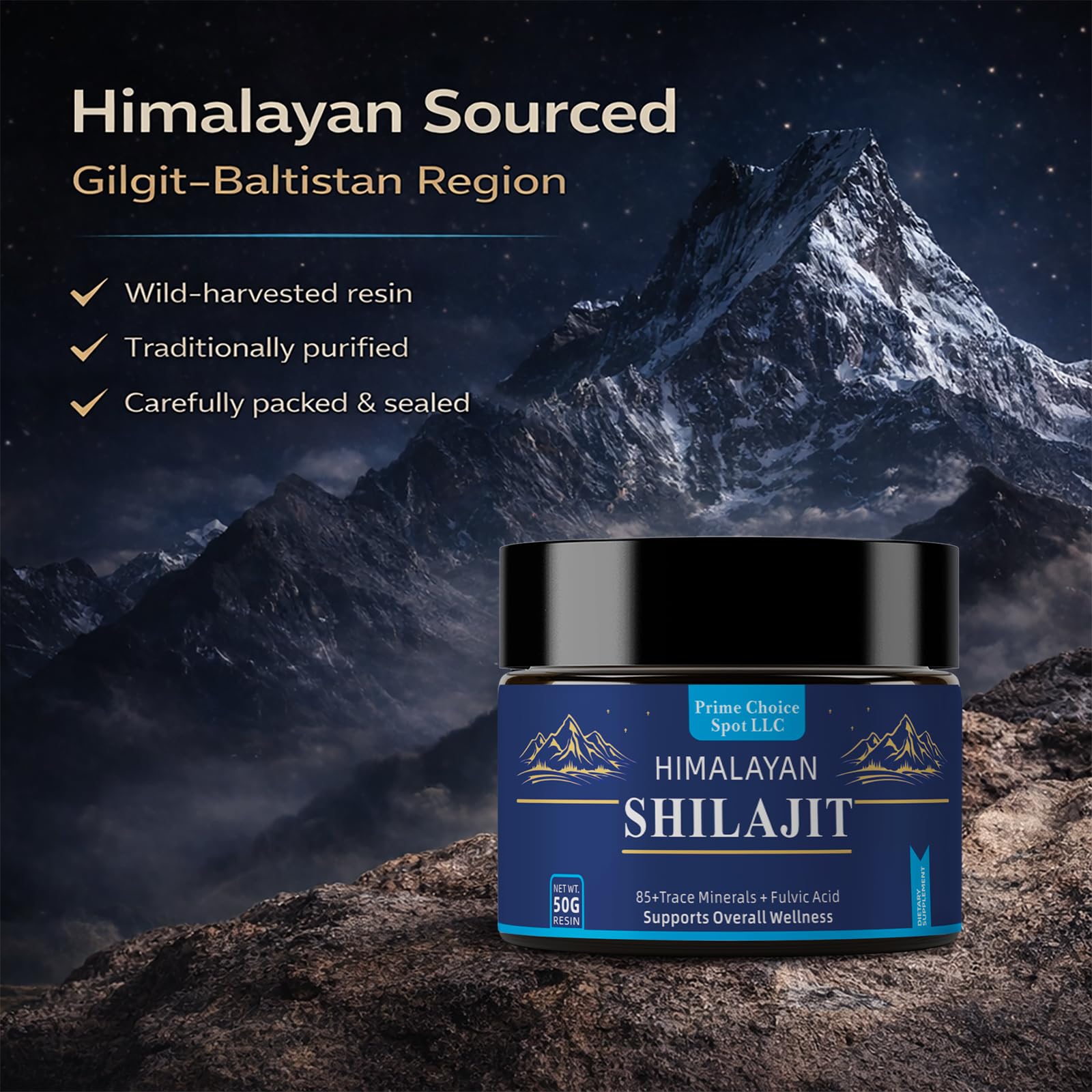Shilajit en agua tibia para energía suave con Prime Choice Spot.