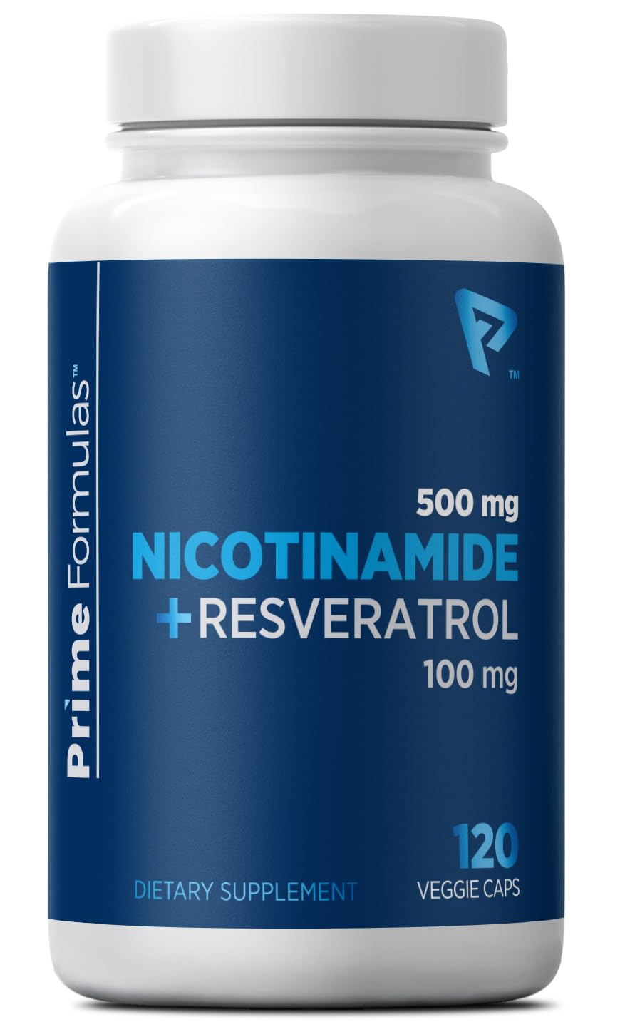 Prime Formulas Nicotinamida con Resveratrol: botella que sugiere energía diaria.