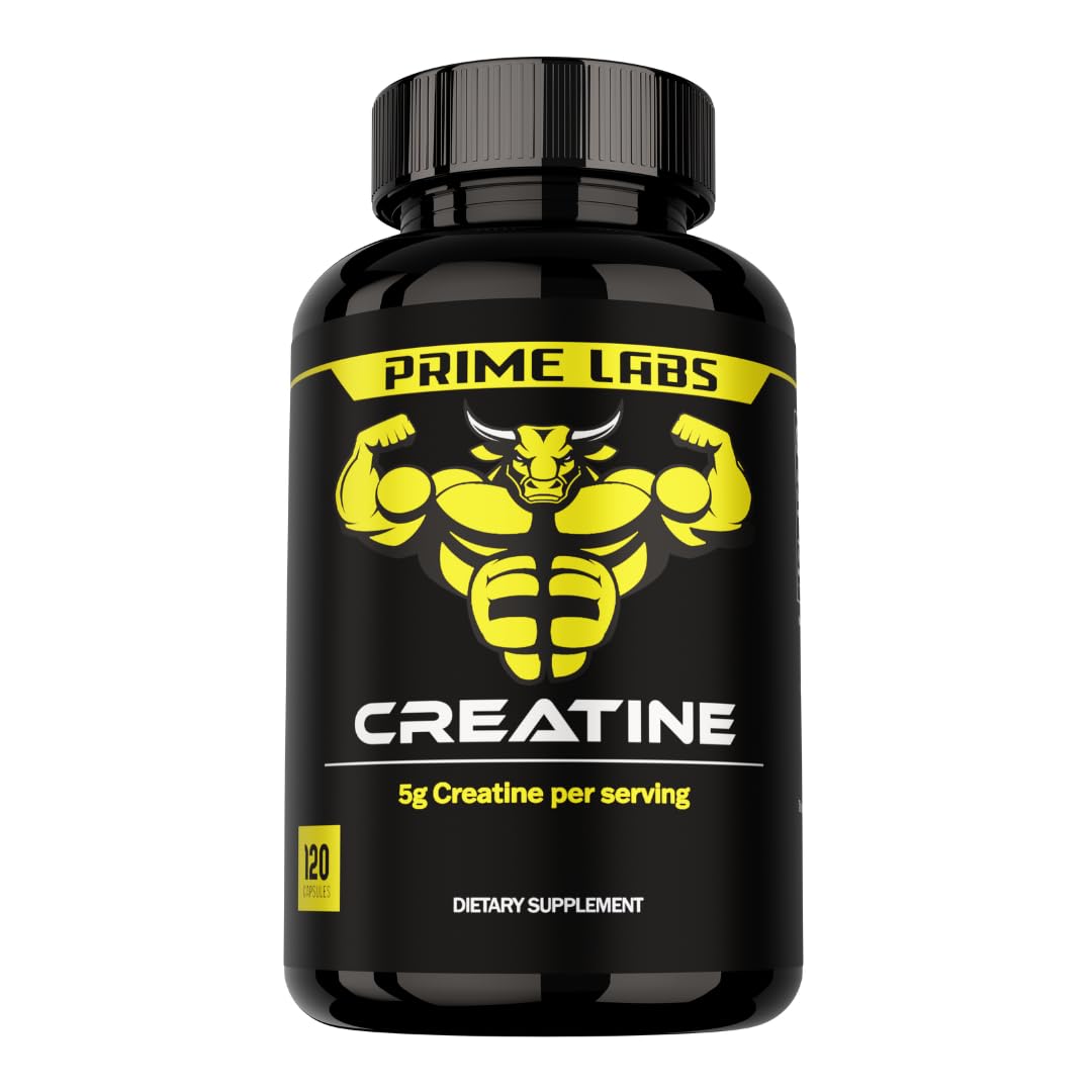 Prime Labs Creatina Monohidrato en envase con cápsulas, ideal para apoyo diario durante entrenamientos