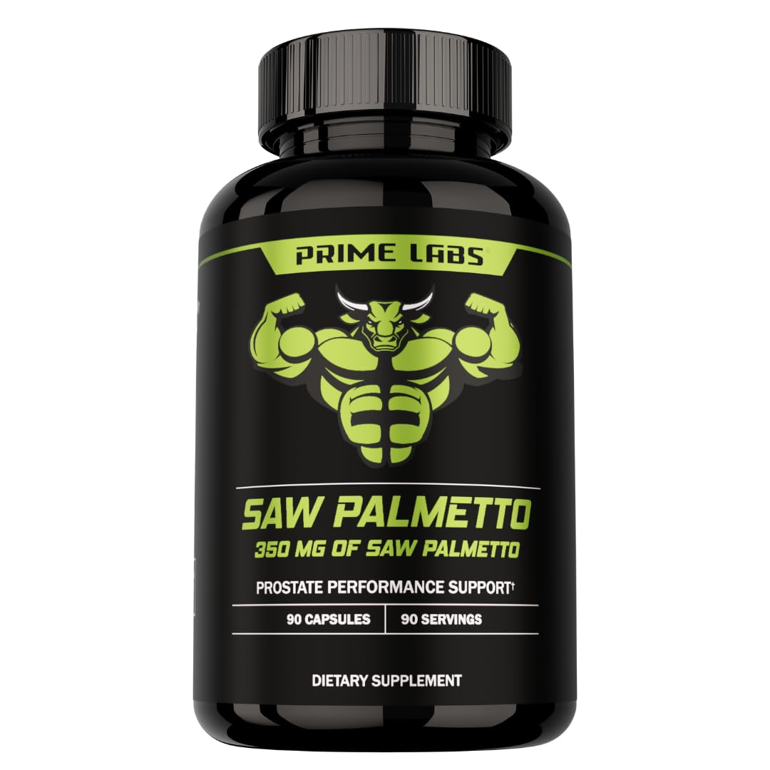 Prime Labs Saw Palmetto botella verter para dosis diaria y bienestar masculino.