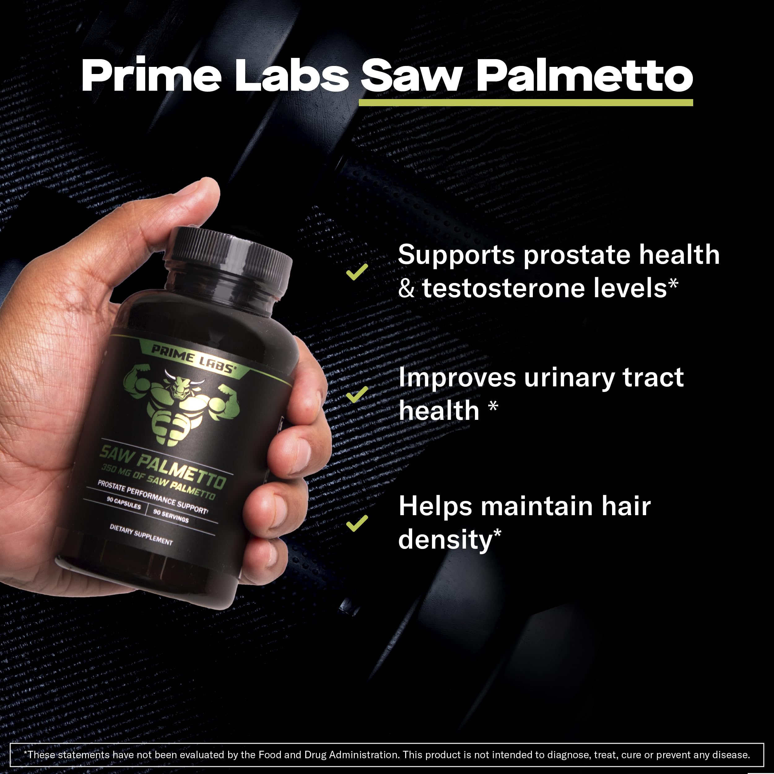 Prime Labs Saw Palmetto cápsulas para apoyo general de vitalidad masculina.