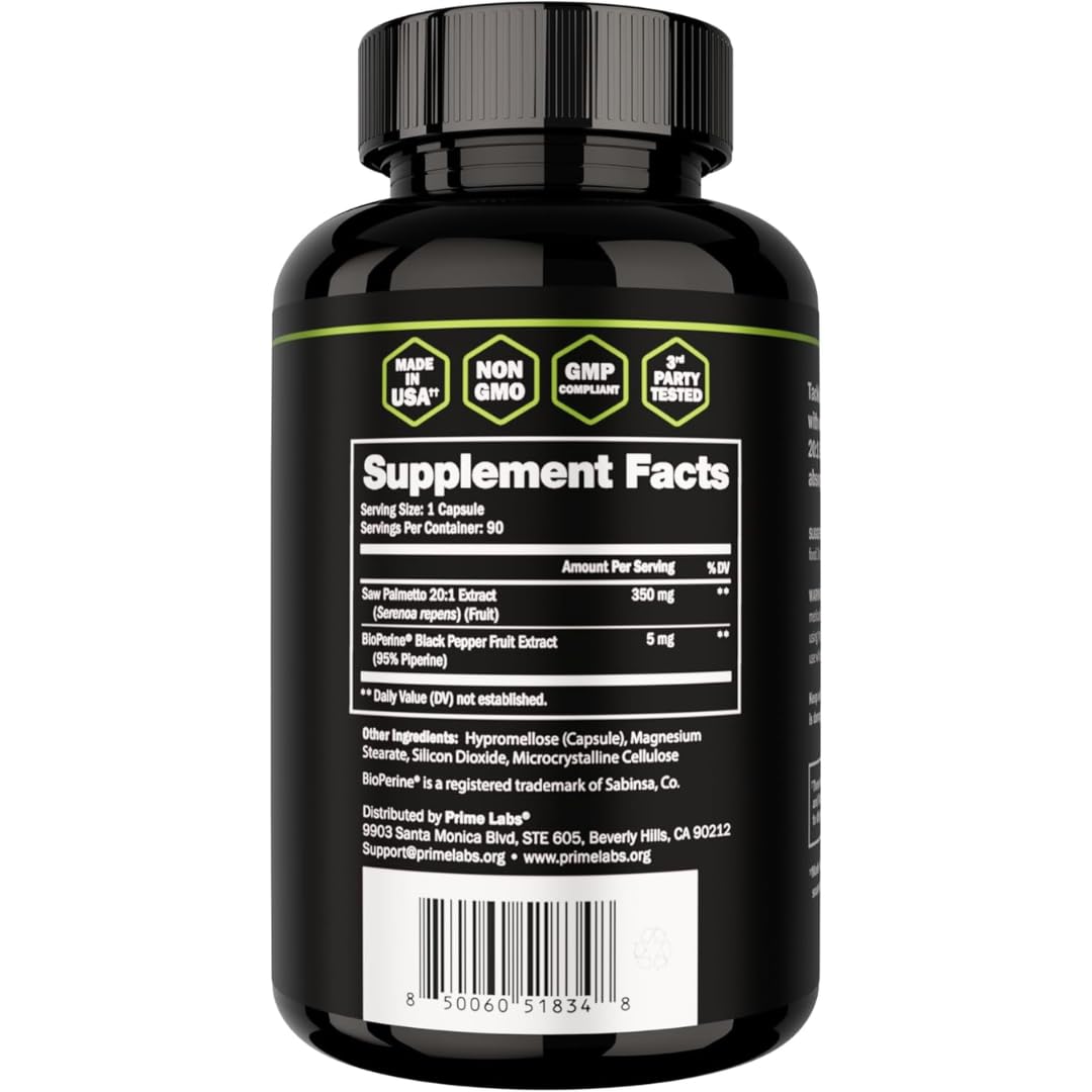 Prime Labs Saw Palmetto uso diario para soporte prostático saludable.