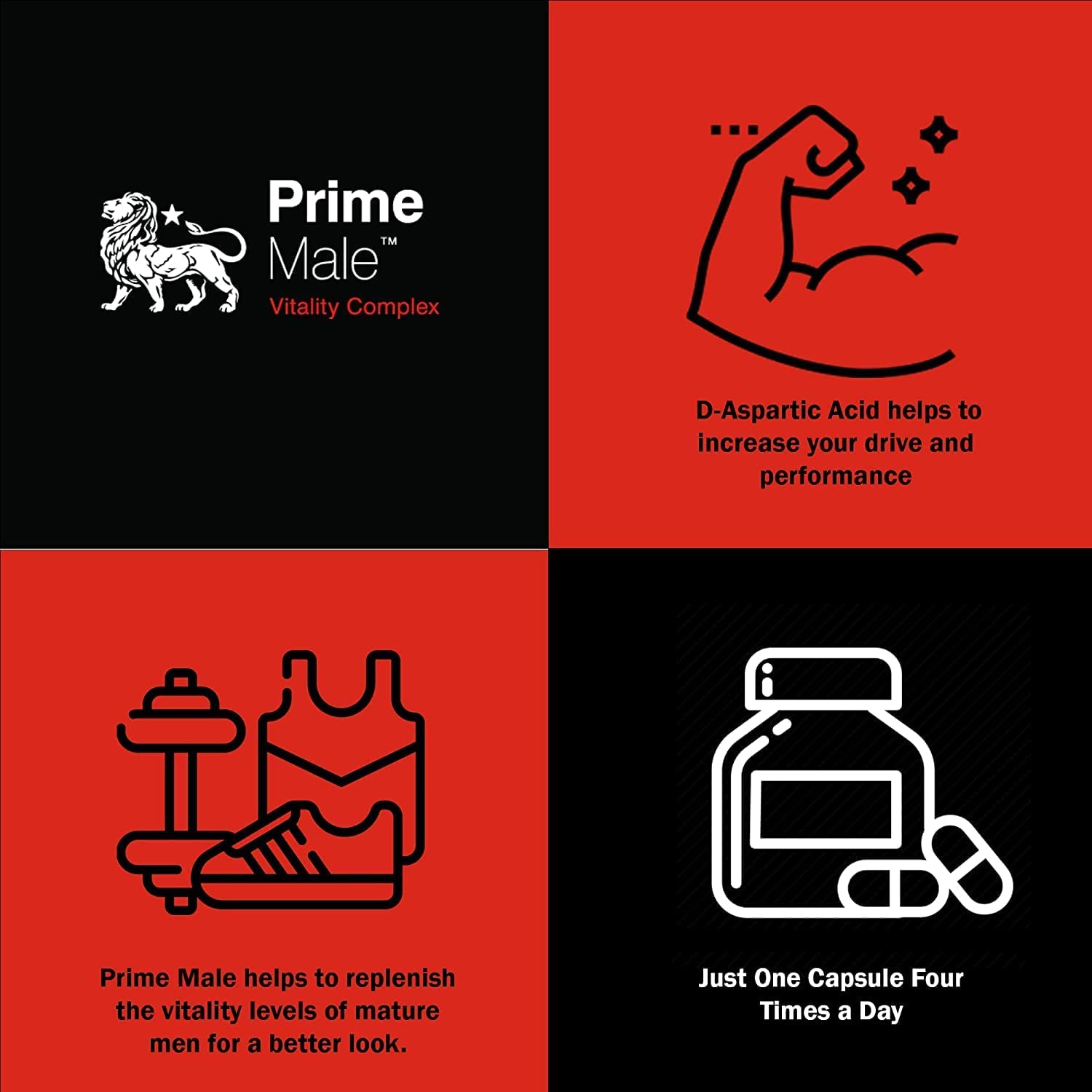 PRIME MALE: detalle de acido-d-aspartico, ingrediente activo para apoyo muscular.