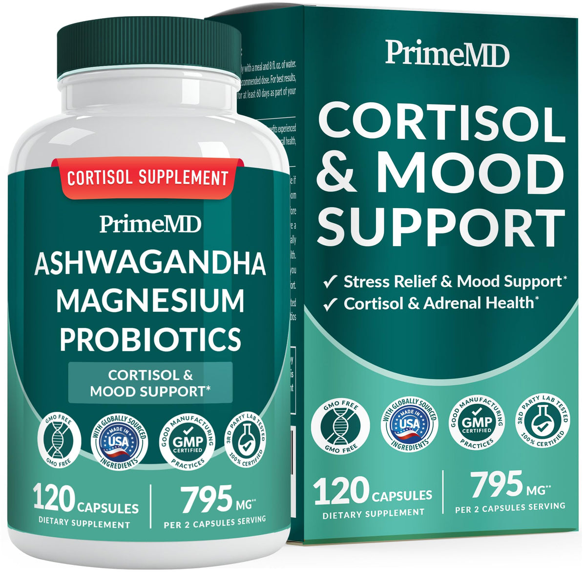PrimeMD botella 5-en-1 cortisol, diseño compacto para uso diario.