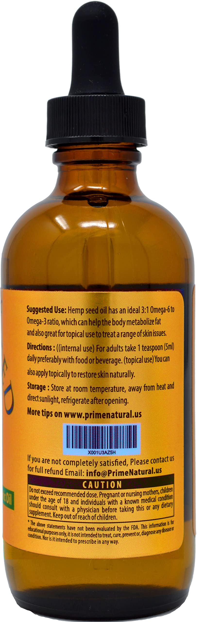 Etiquetado frontal de Prime Natural Aceite de Cáñamo con origen orgánico.