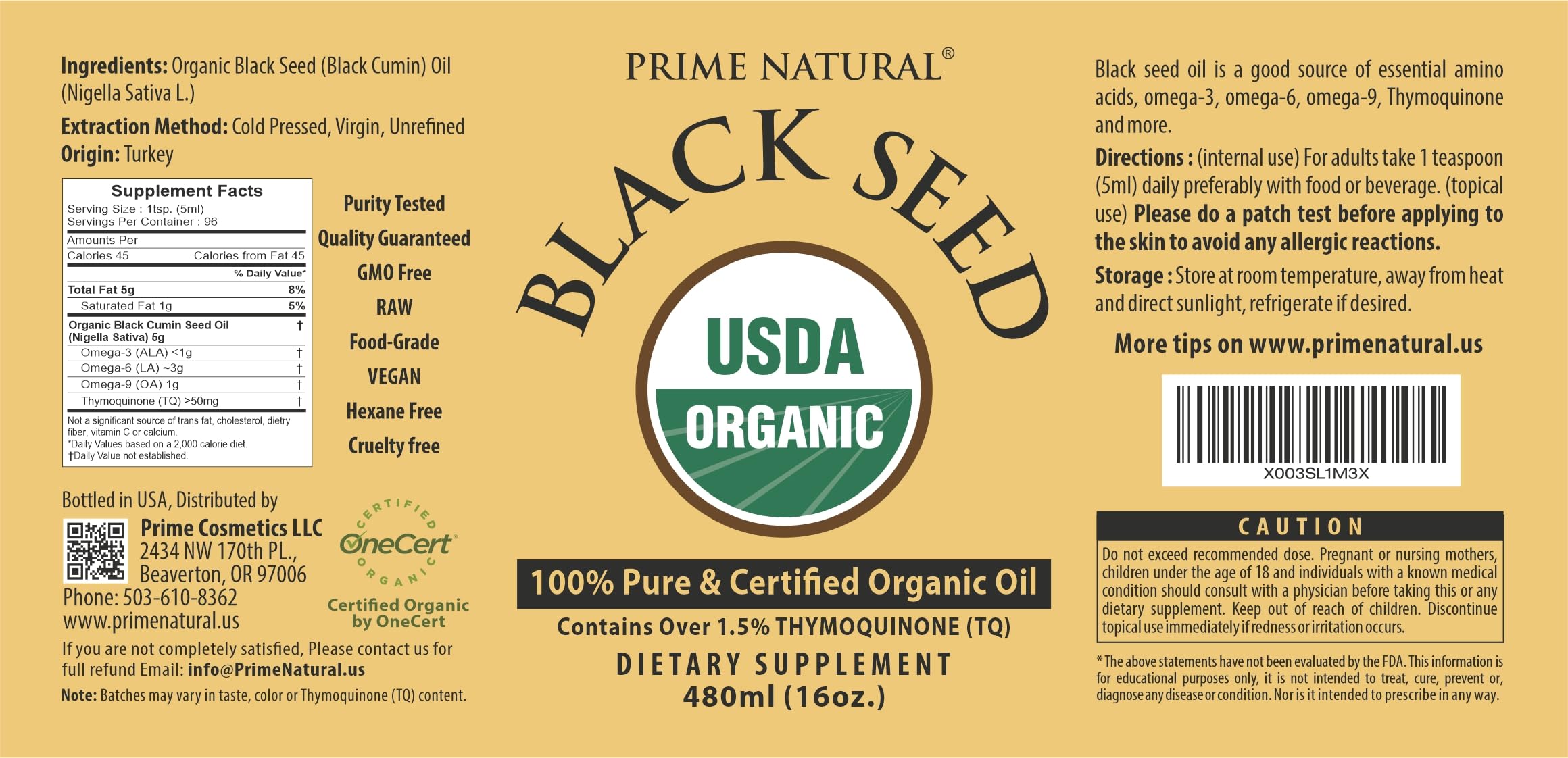 PRIME NATURAL Aceite de semilla negra – uso cosmético para piel y cabello.