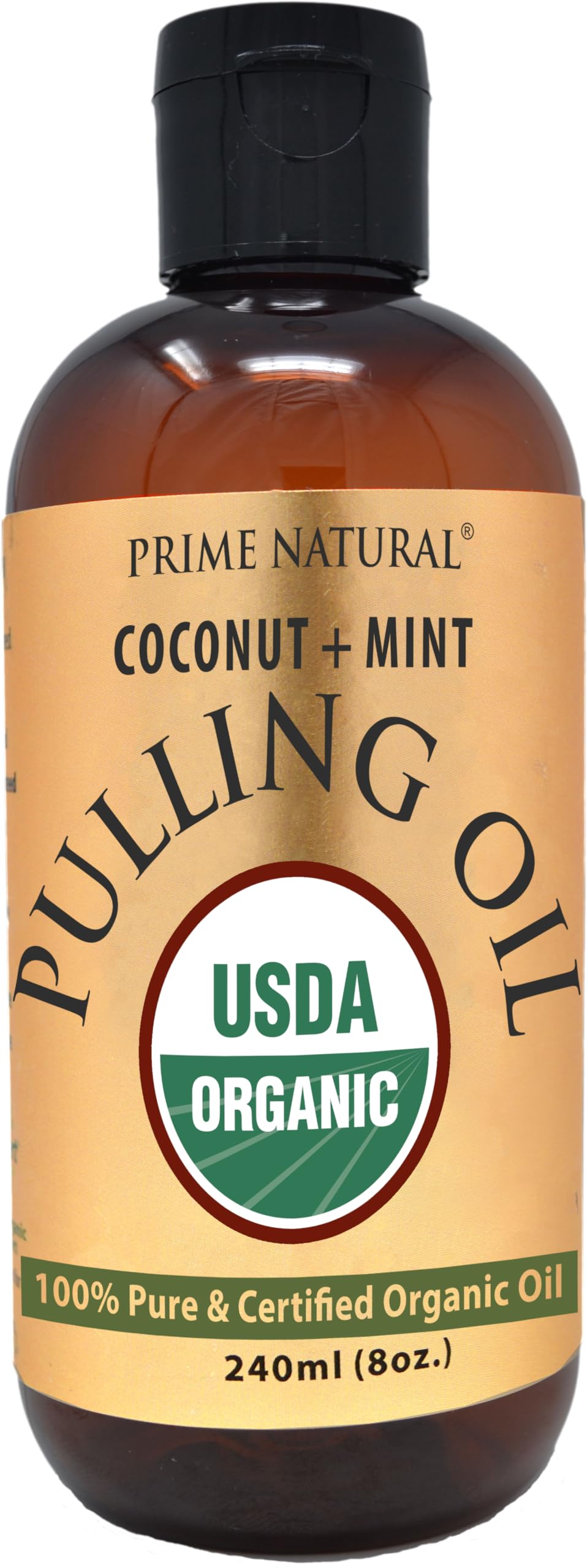 PRIME NATURAL botella de aceite de coco y menta para cuidado bucal natural.
