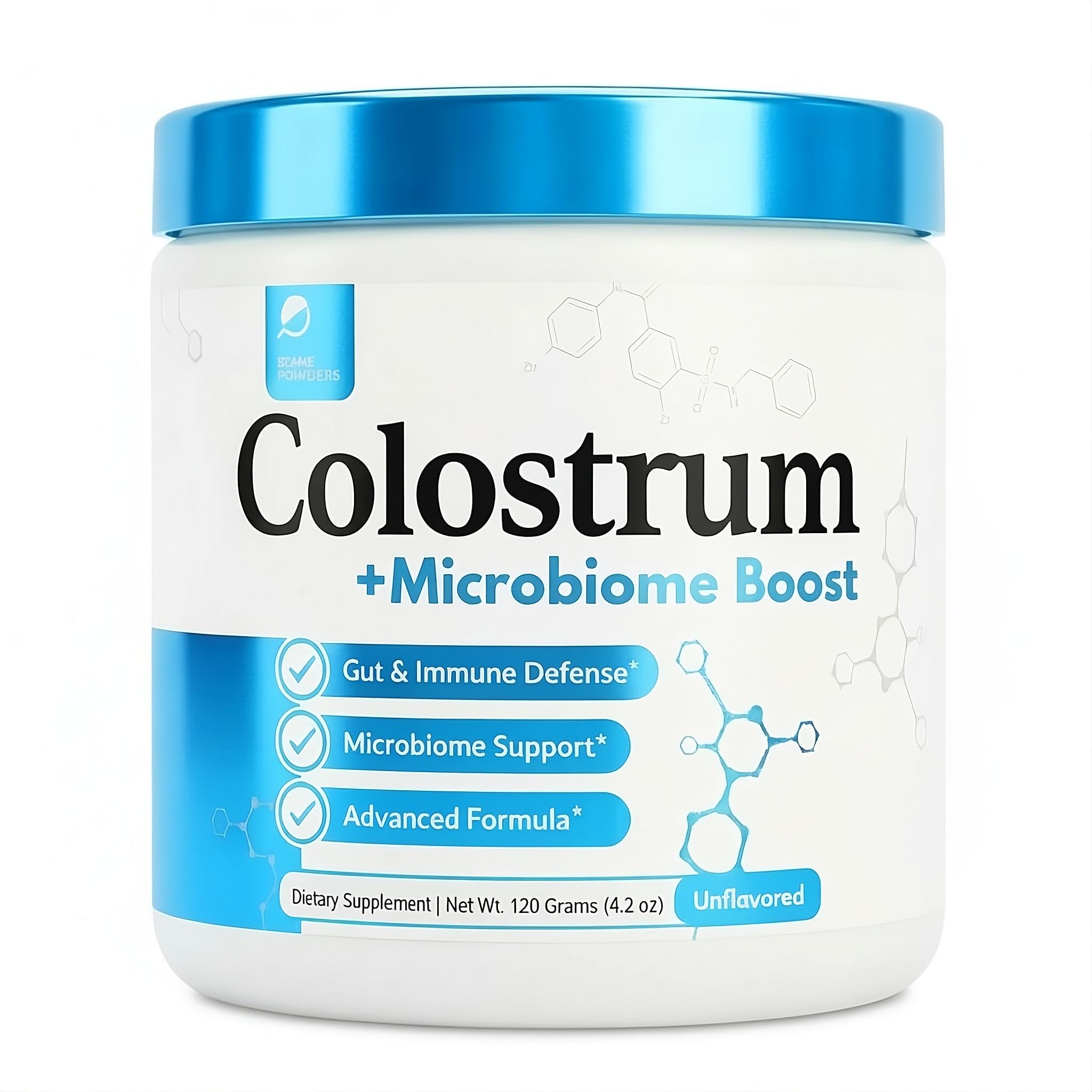 Prime Powders Colostrum: botella vertiendo para dosis diaria y fácil consumo