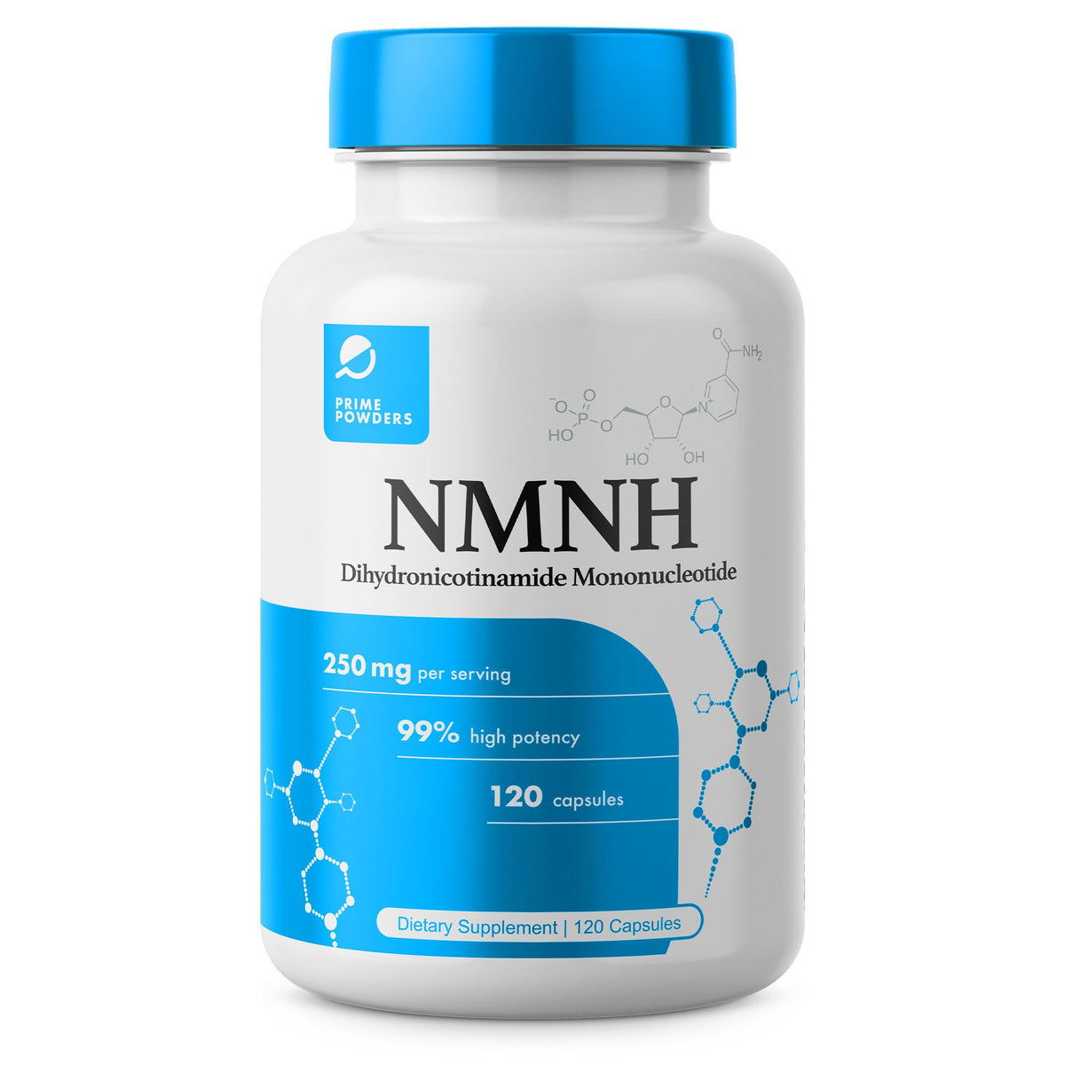 Prime Powders NMNH en botella, posible apoyo al NAD+ para el bienestar diario.