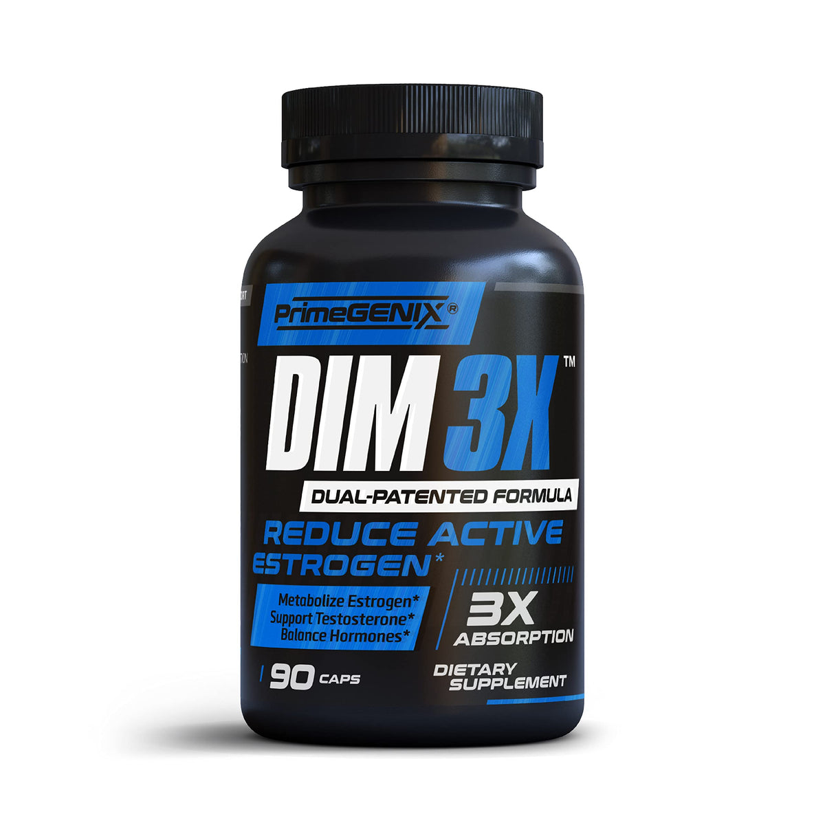 PrimeGENIX DIM3X en botella frontal, posible apoyo al balance hormonal masculino.