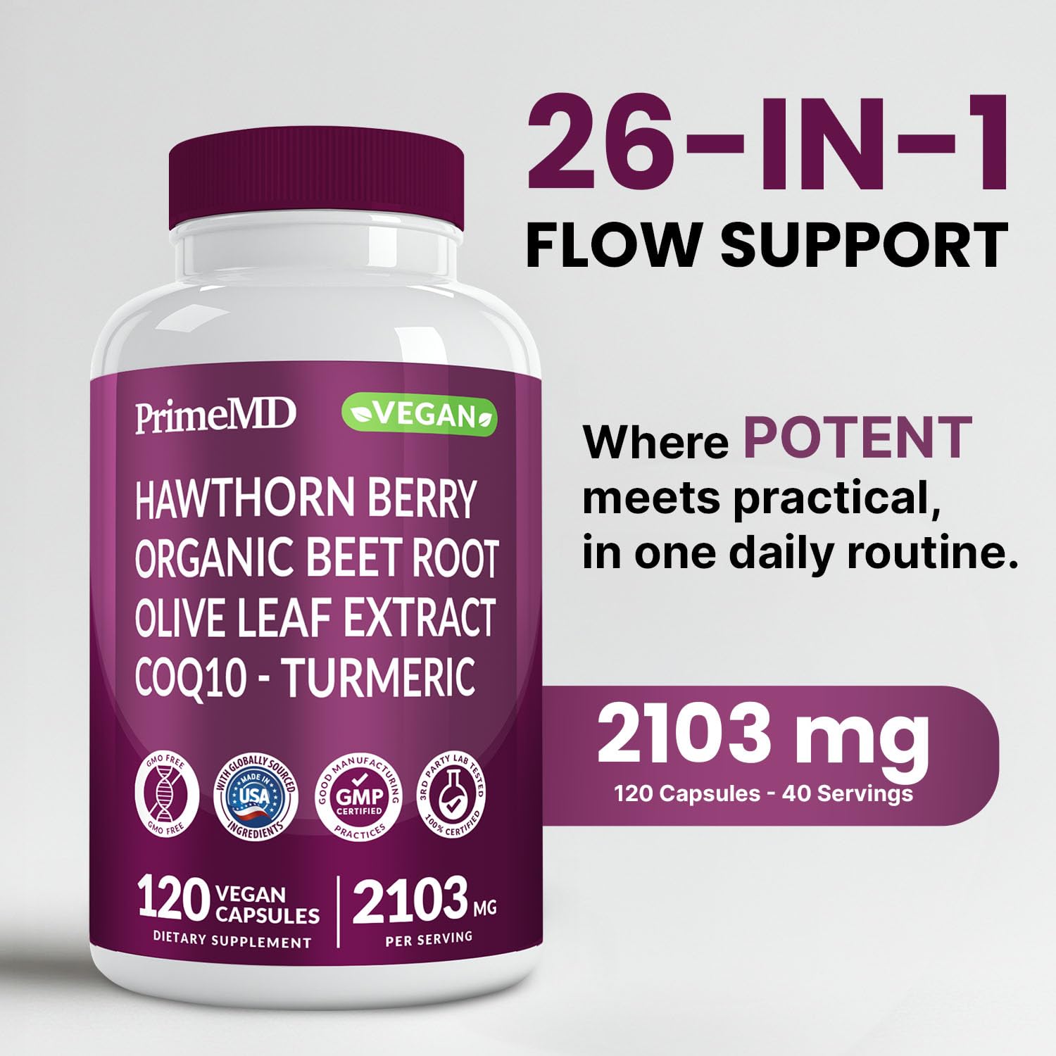 PrimeMD 26-en-1 con CoQ10 de 100 mg, cápsulas para energía diaria.