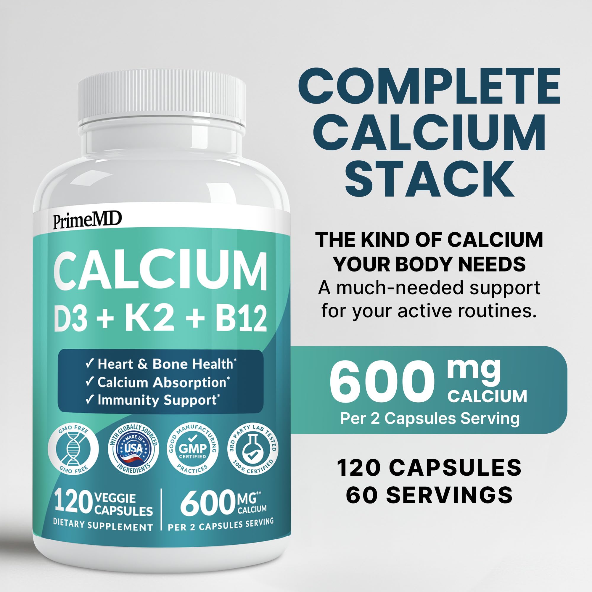 PrimeMD cápsulas de calcio de 601 mg aptas para uso diario.