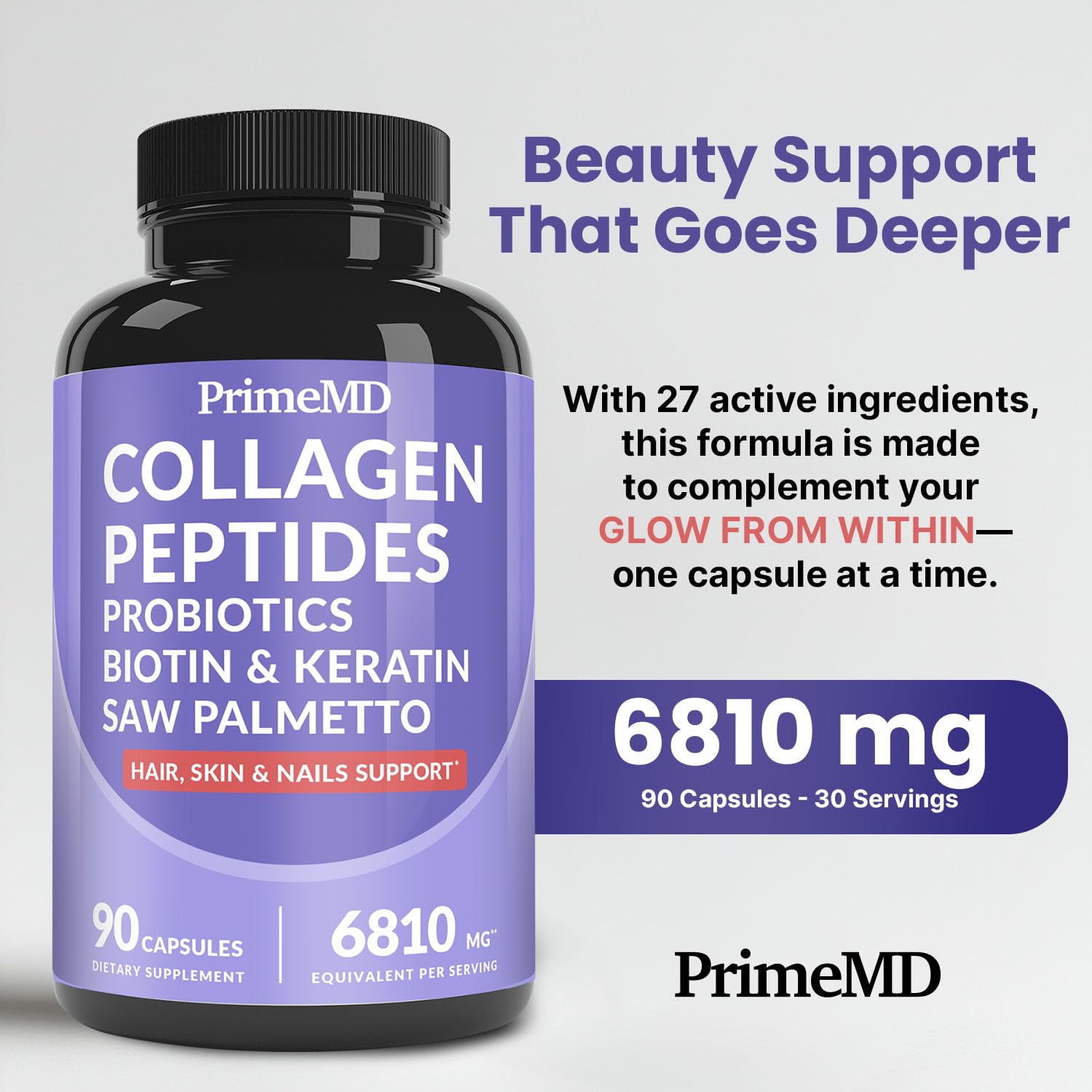 PrimeMD cápsulas de colágeno y biotina para cabello suave y uñas fuertes