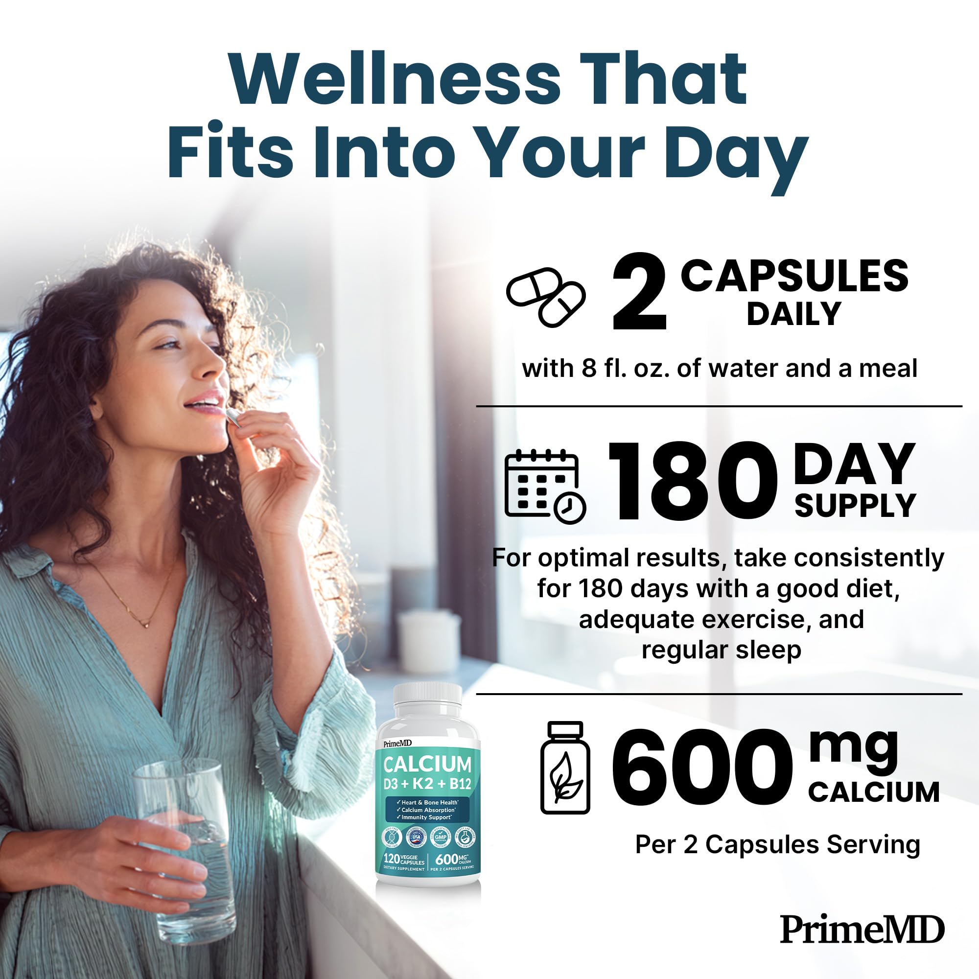 PrimeMD cápsulas neutras con sabor suave para ingesta diaria.