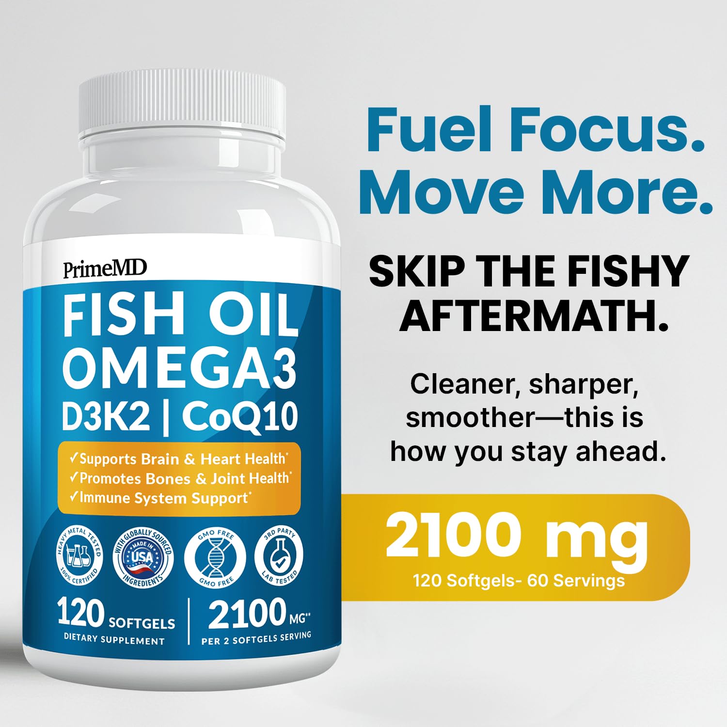 PrimeMD Omega3: botella limón, cápsulas de ingestión rápida para corazón y cerebro.