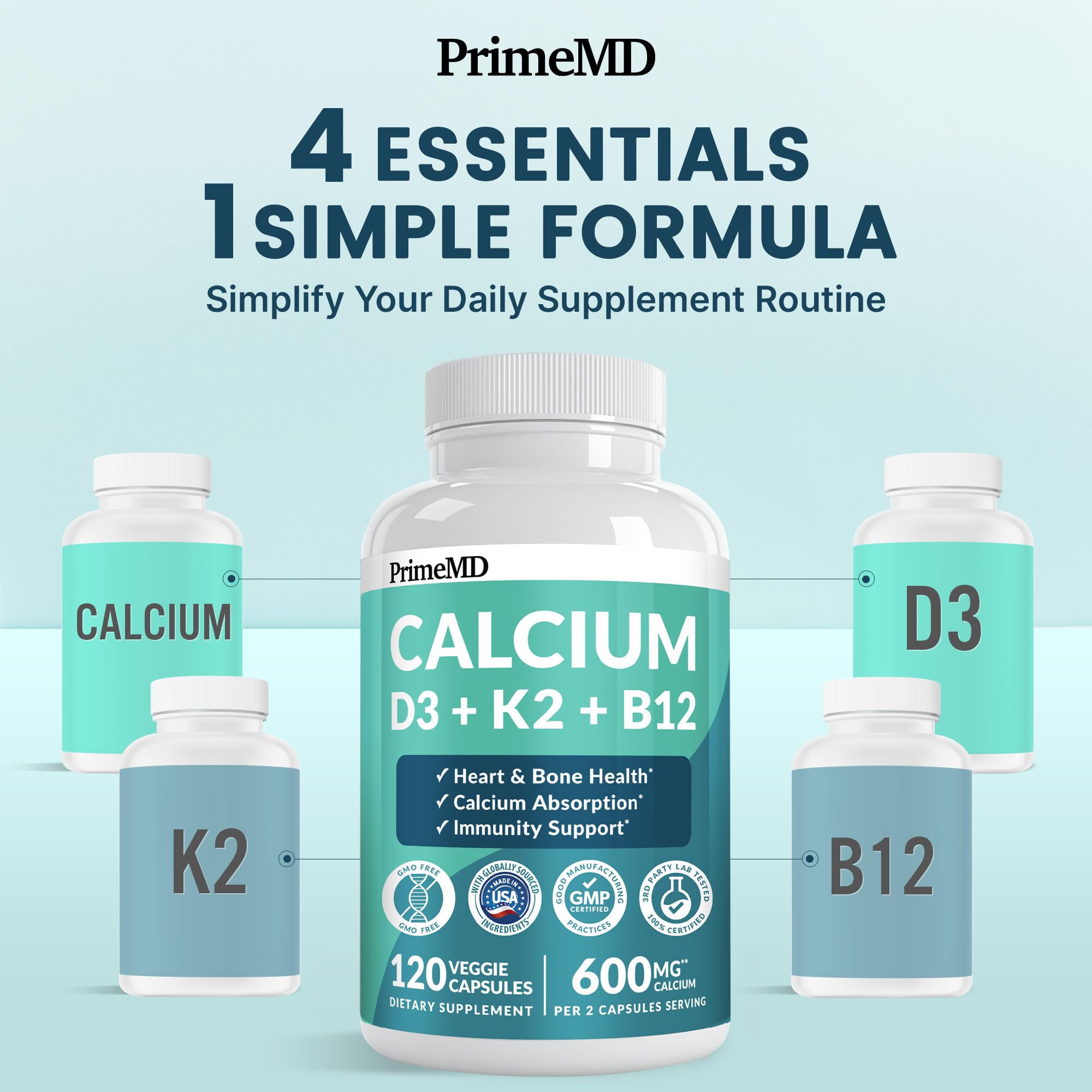 PrimeMD vitamina D3 y K2 5000 UI en cápsulas para bienestar diario.