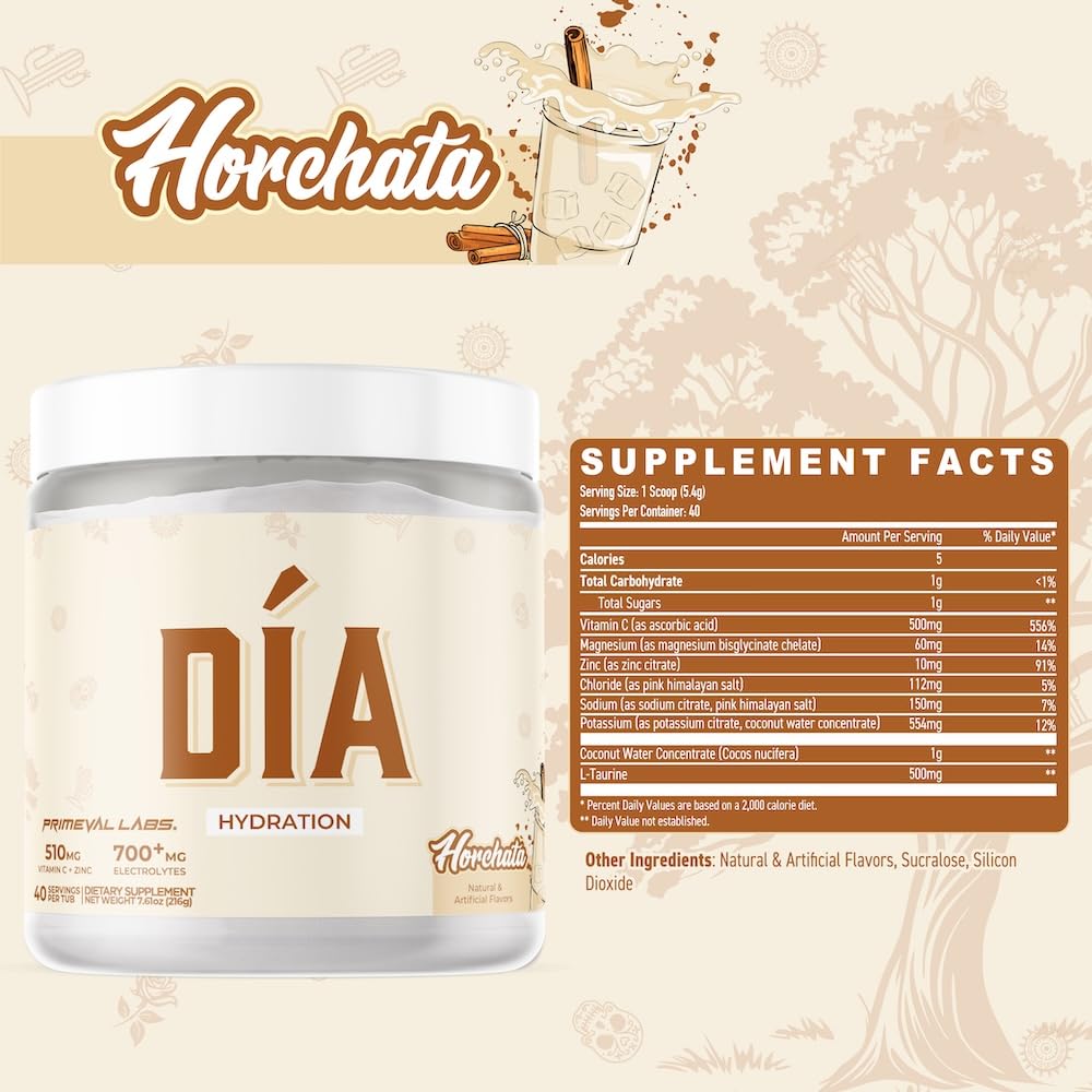 Primeval Labs DIA Horchata, etiqueta, mezcla ideal para entrenamientos y recargas.