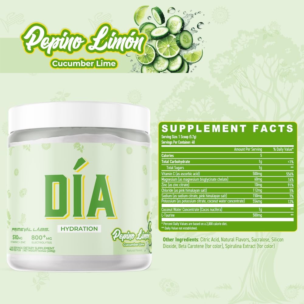Primeval Labs DIA Polvo de sabor Pepino Limón para agua fresca.