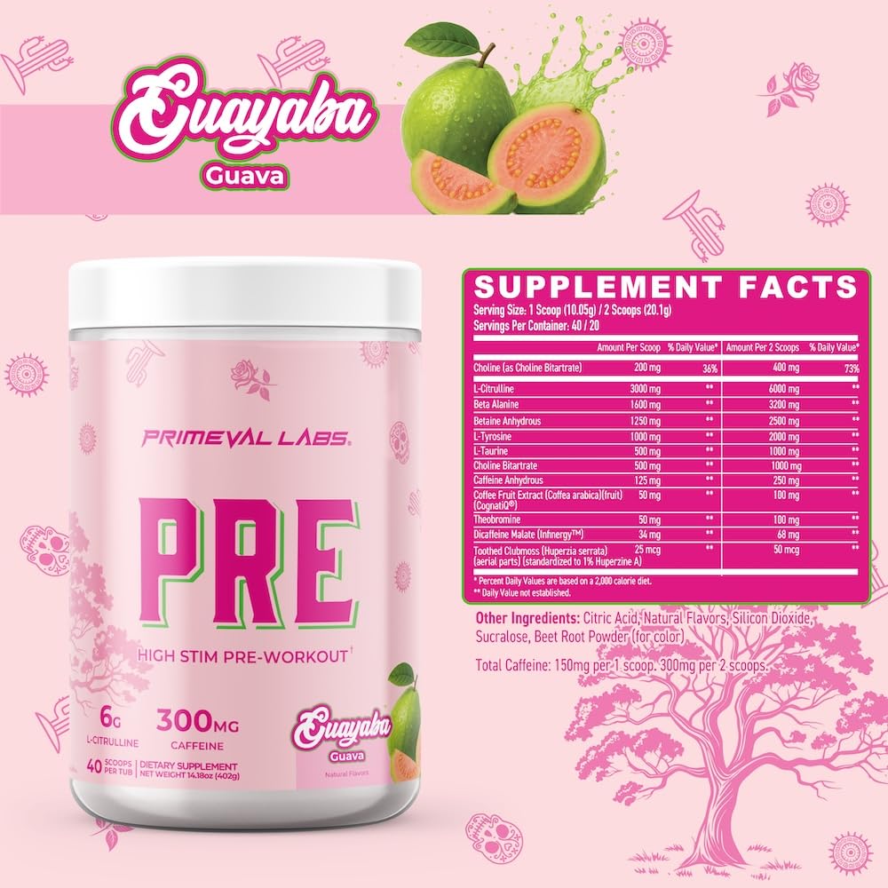 Primeval Labs PRE, sabor guayaba destacado para una experiencia previa al entrenamiento.