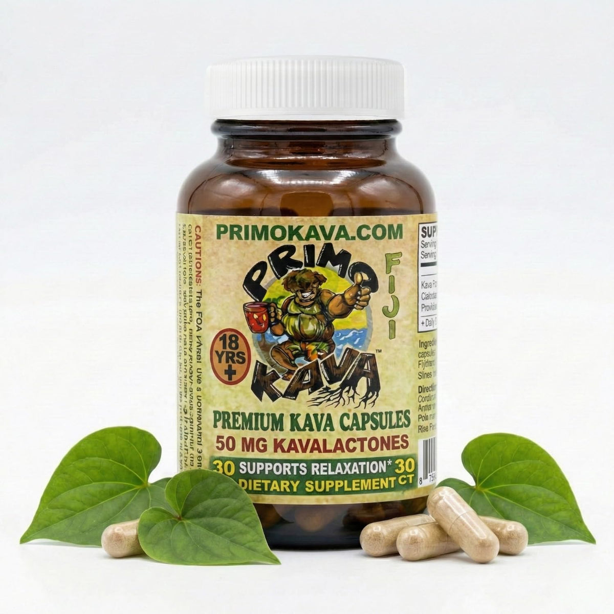PRIMO KAVA cápsulas 1500mg, vista frontal del frasco para uso rápido.