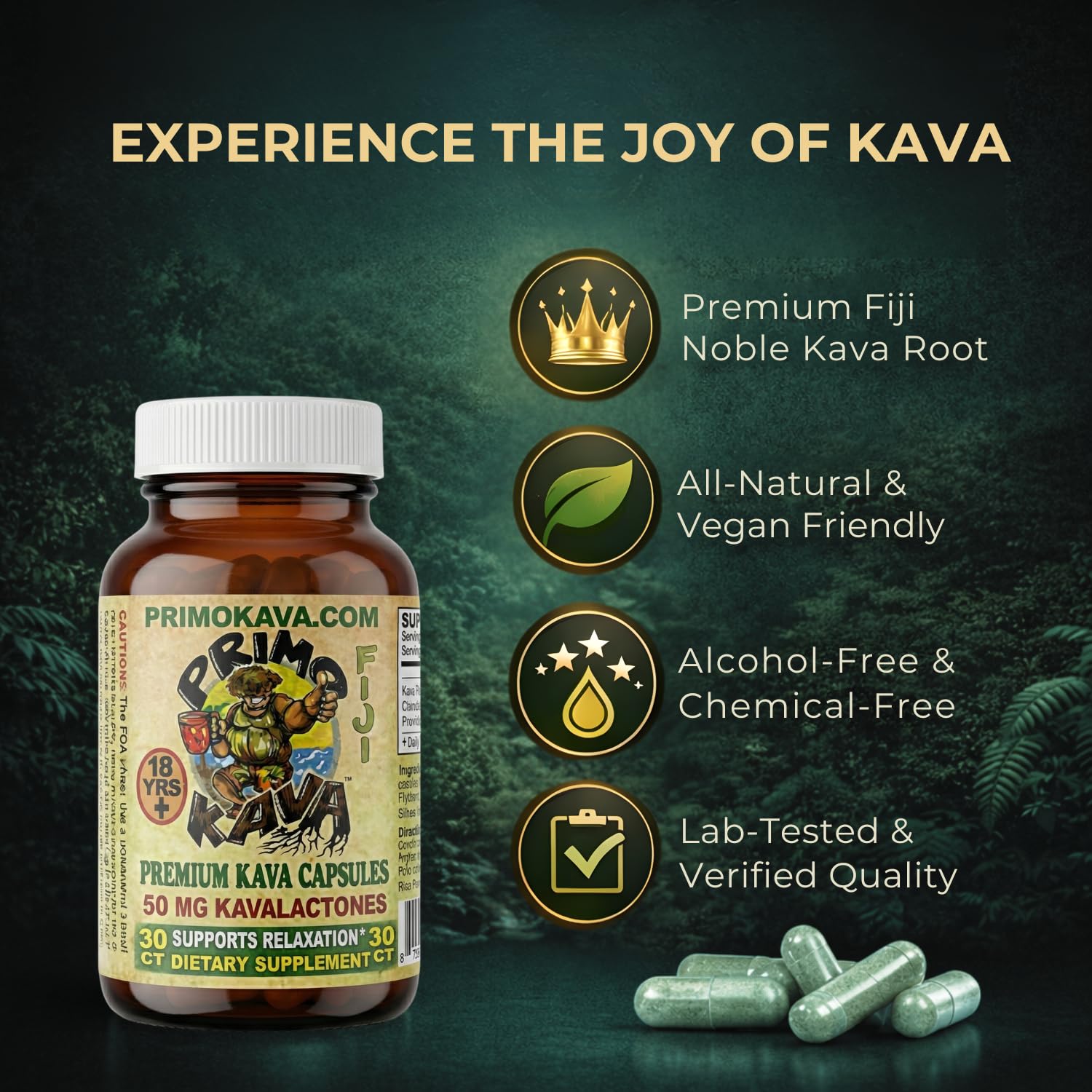 PRIMO KAVA, etiqueta detallada que destaca la dosis de 50 mg de kavalactonas.