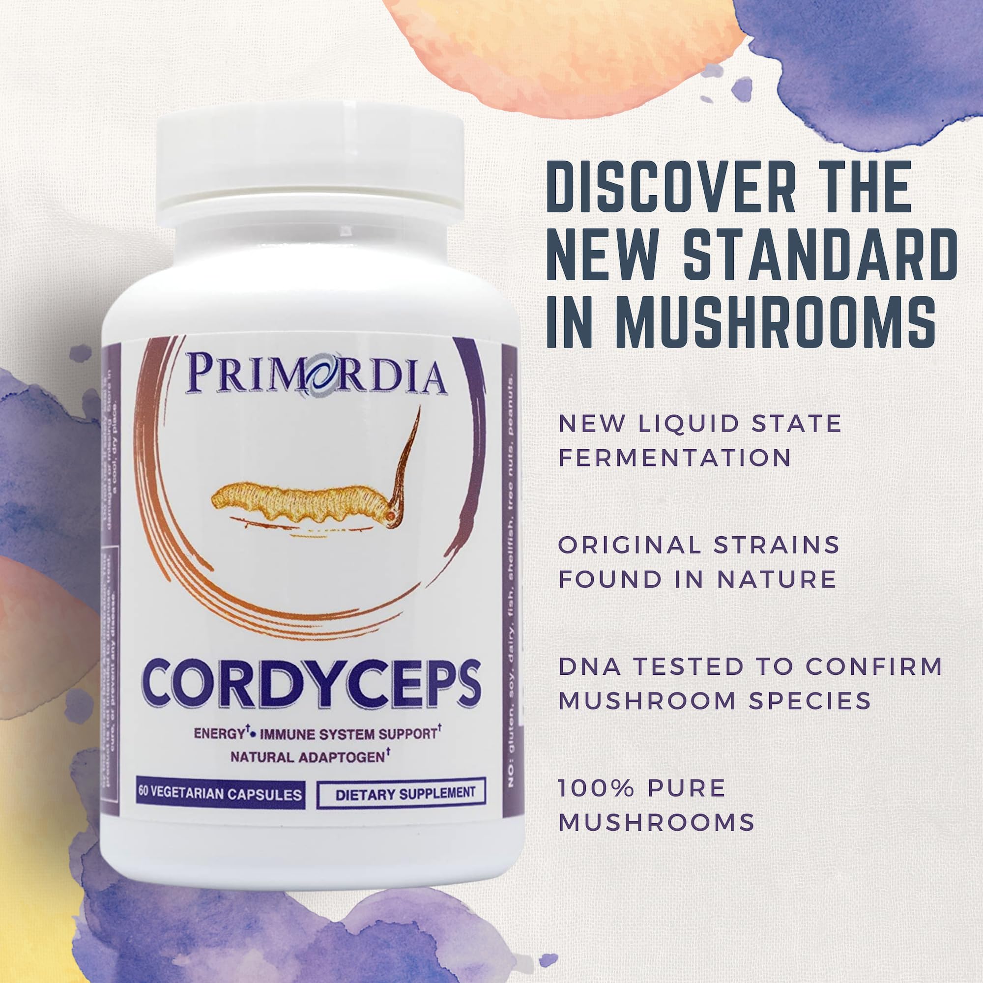 Primordia Puro Cordyceps, etiqueta clara que destaca autenticidad y pureza.
