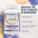 Primordia Puro Cordyceps, etiqueta clara que destaca autenticidad y pureza.
