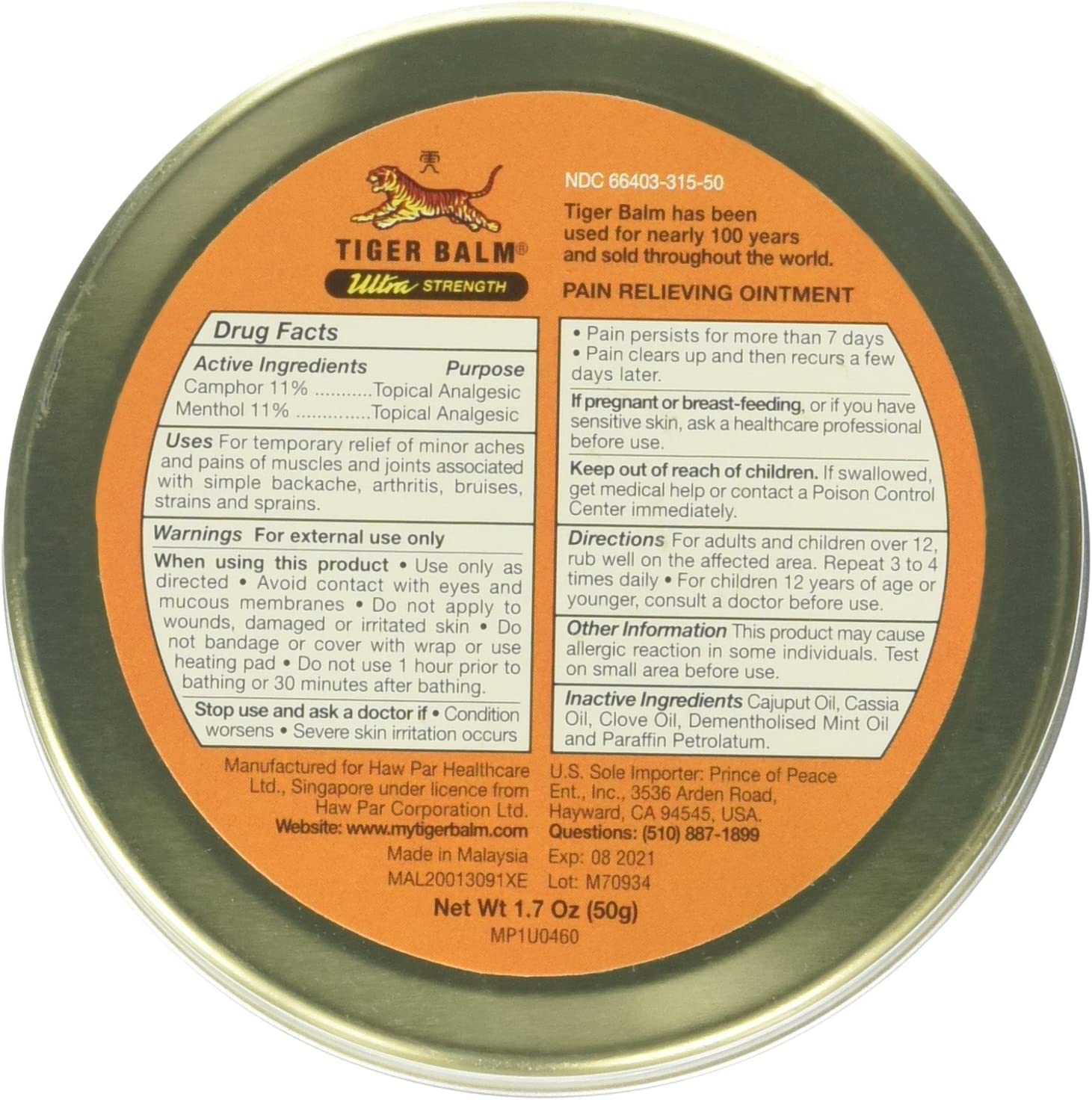 Prince Of Peace Tiger Balm Sport Rub pack textura alivio rápido para músculos