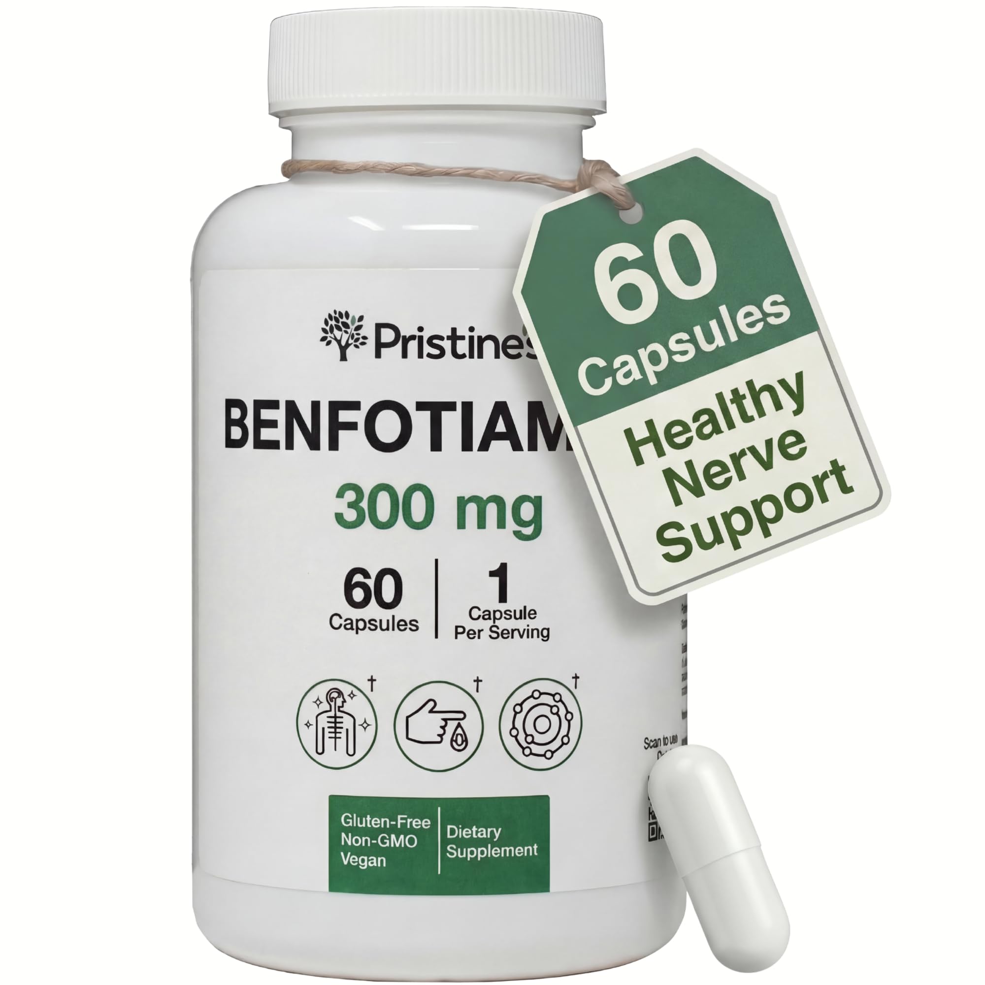 PRISTINE'S Benfotiamina 300 mg, botella visible, apoyo nervioso potencial y antioxidante.